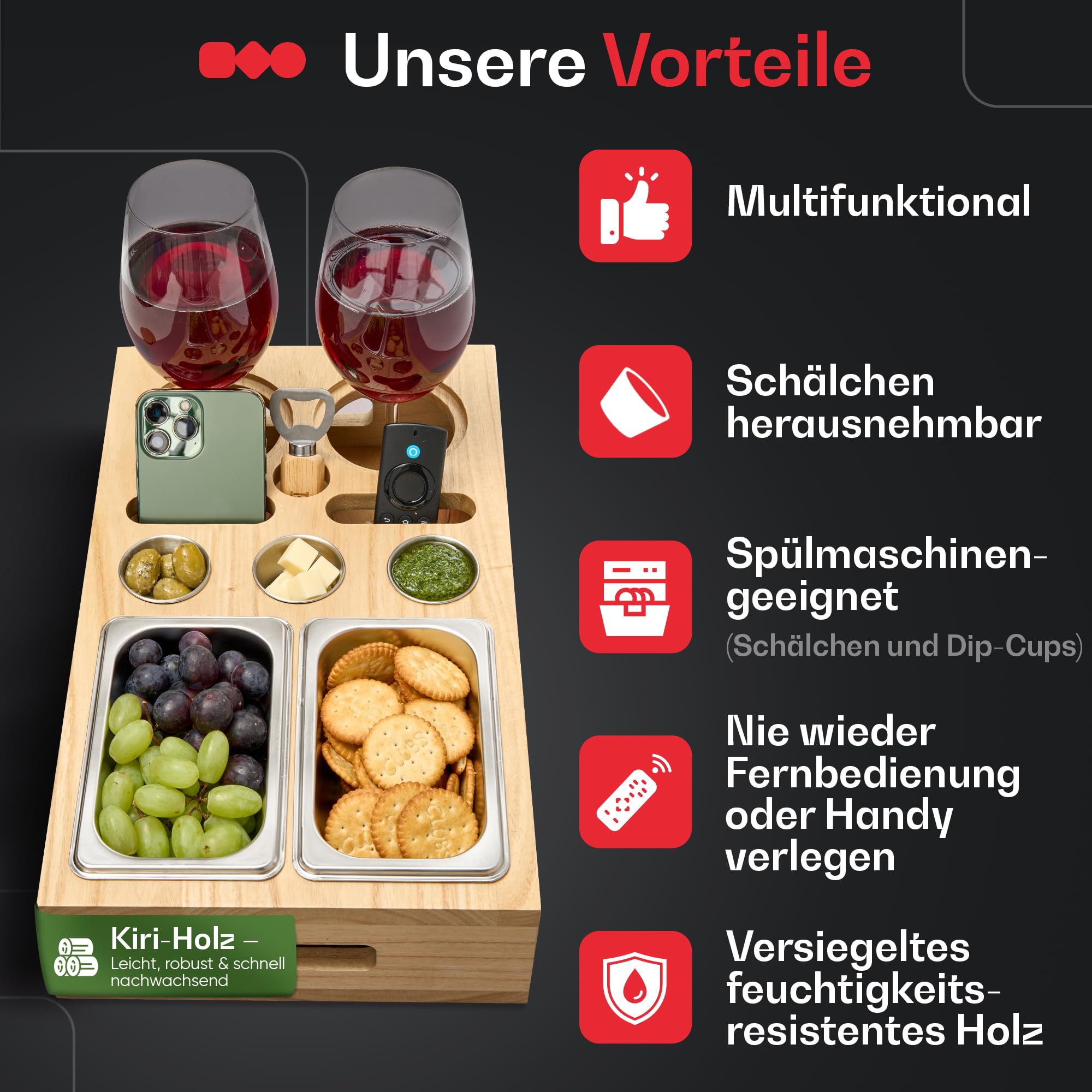Premium Couchbar – Legno di Kiri, 3 colori, 2 ciotole per snack, 2 sottobicchieri, 1 apribottiglie, organizer per snack – Divano Butler vassoio da portata (legno con scritta)