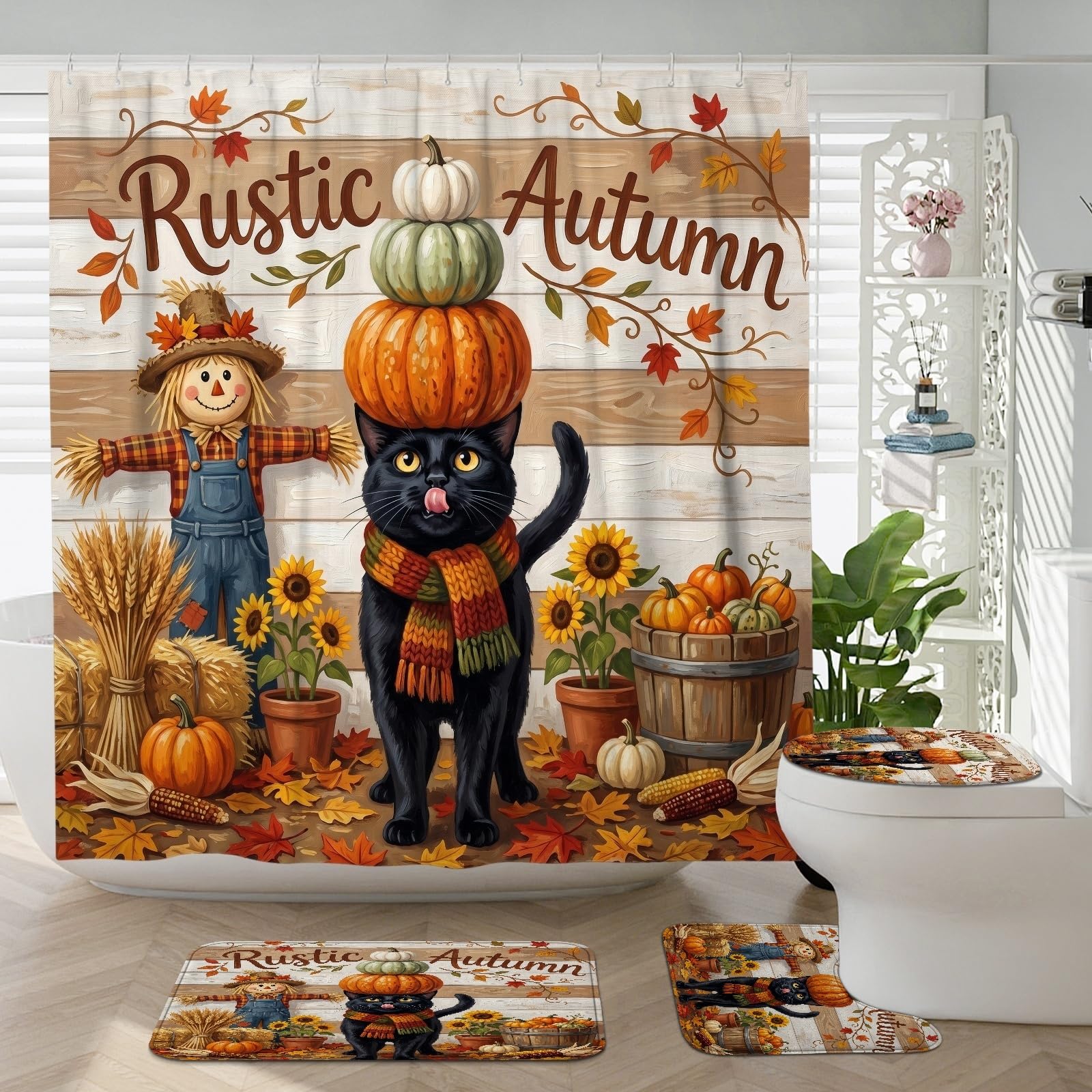 Accessoires de salle de bain Bombay Cat avec tapis d'automne rustique 4 pièces