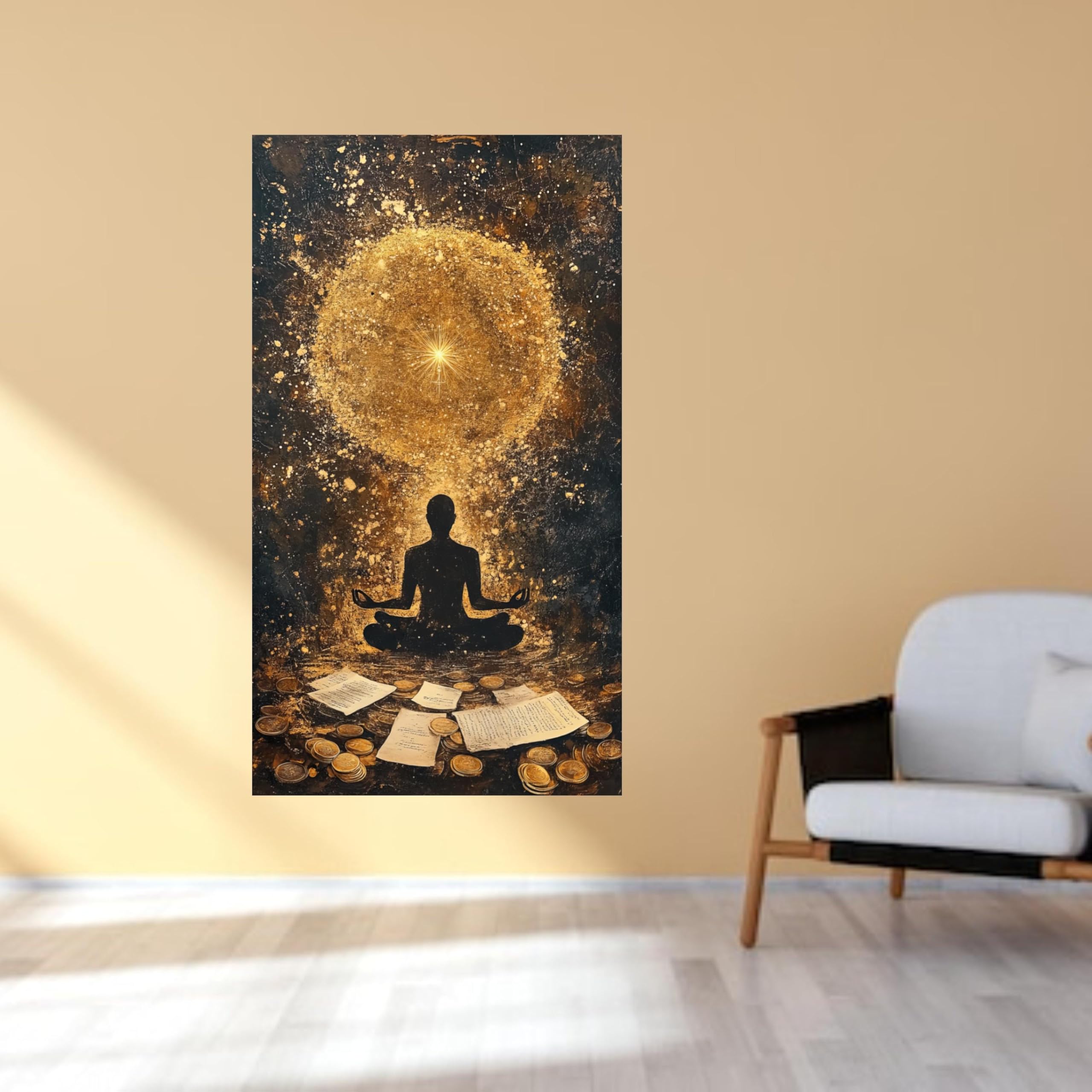 Silueta de meditación con aura dorada, lienzo espiritual para pared, pintura abstracta de meditación, decoración del hogar, mindfulness (80 x 150 cm/marco interior)
