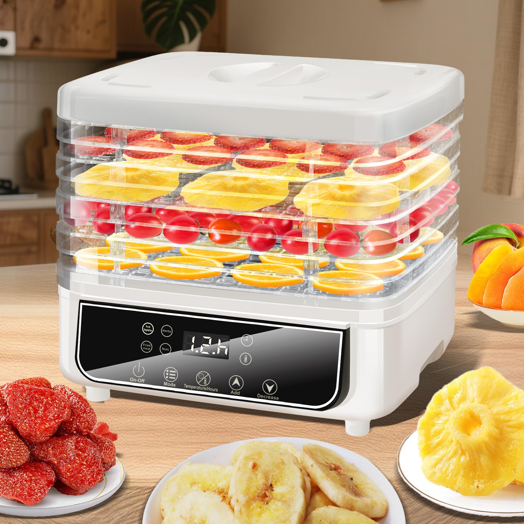 KingSom Déshydrateur Alimentaire, Déshydrateur à 5 Plateaux Réglables en Hauteur, Déshydrateurs d'Aliments avec Minuterie 72H et Température 35-70°C, 4 Modes, Deshydrateur Fruits et Legumes, Sans BPA