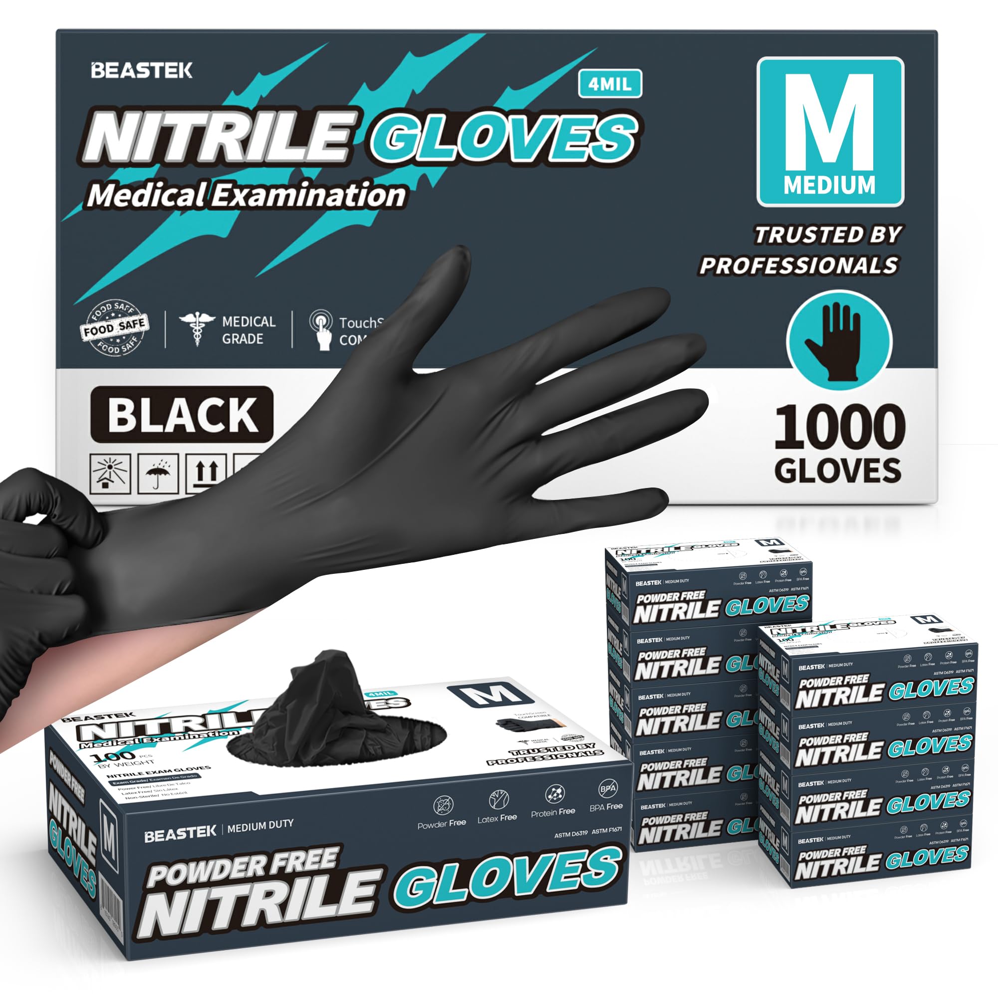 Beastek Schwarze Nitril-Untersuchungshandschuhe, puderfrei, Hausreinigung, lebensmittelecht, Einweghandschuhe, medizinische Einweghandschuhe, 1000 Stück (Medium)