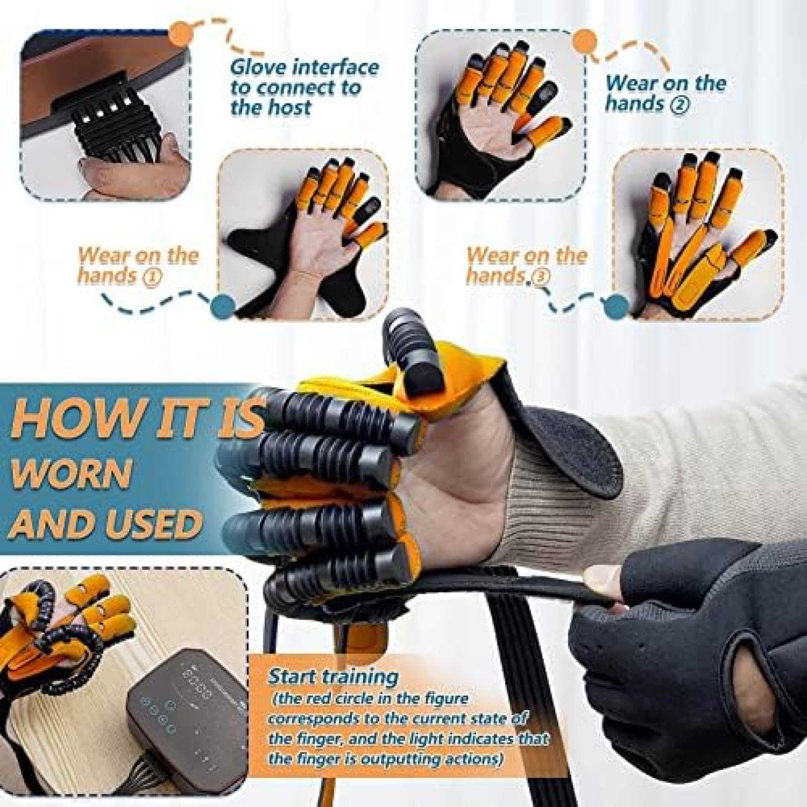 Rehabilitación De Dedos Carrera Ambas Manos Entrenamiento Rehabilitación Robot Guantes Carrera Hemiplejía Férula De Mano Ortesis De Dedo Para Aliviar El Dolor De Muñeca Y Pulgar,Naranja,S si