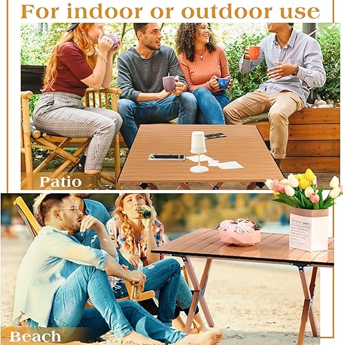 Miniatura 7 de Paquete de 2 mesas plegables de picnic de 4 pies, mesa de campamento baja y ligera, portátil, plegable, plegable, enrollable, de acero al carbono,