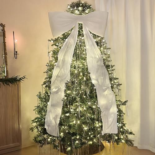 Christmas Decor - Christmas Decorations - 6 Ft Big Christmas Bows for Christmas Tree - Giant White Velvet Bow for Window Front Door Porch Indoor Outdoor Home Room Party Hanging Xmas Tree Decoration