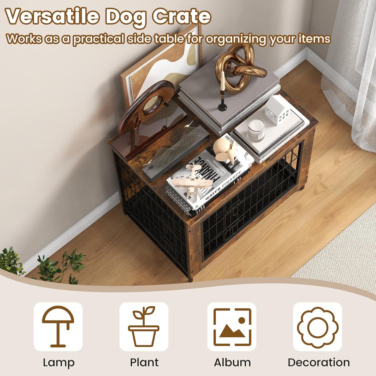 PETSITE Industrial Dog Crate Furniture with Removable Tray, Wooden Dog Crate with Double Doors, Dog Furniture End Table, Dog Kennel Indoor for Small or Medium Dogs, Rustic Brown (27 x 20 x 24 inch)