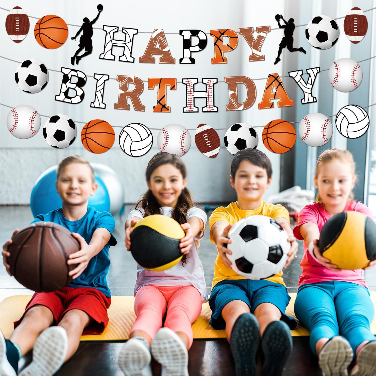 Sports Birthday Party Decorations, Sports Happy Birthday Banner Basketball Football Baseball Rugby Volleyball Sports Themed Hanging Bunting for Boys Kids Birthday Party Decorations Supplies