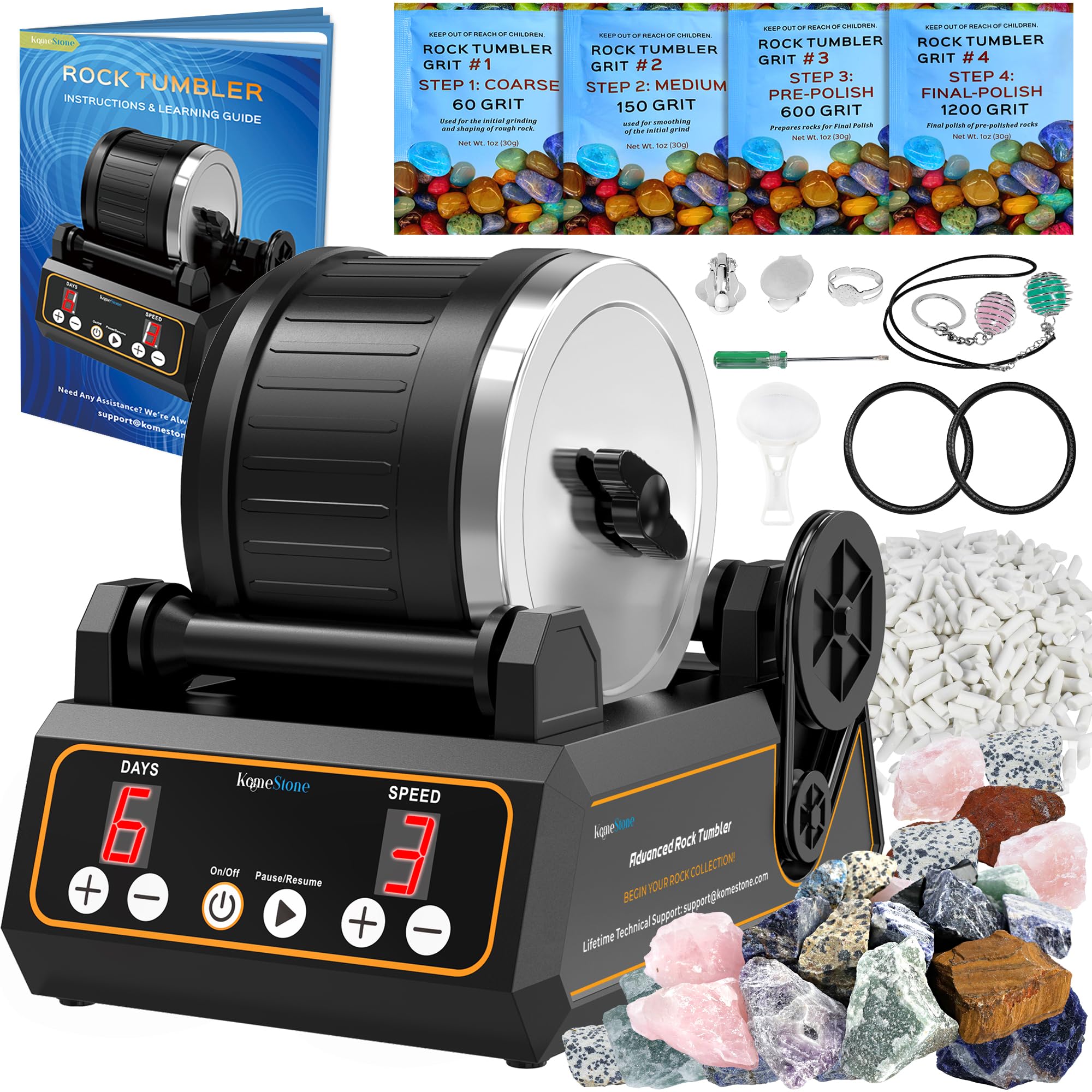 KomeStone Rock Tumbler Kit, K1 Professional Large 2.5LB Capacity Edition - Memory Function, Digital Timer & Variable Speeds: Create Stunning Gems Full Accessories Included Brush Motor: K1