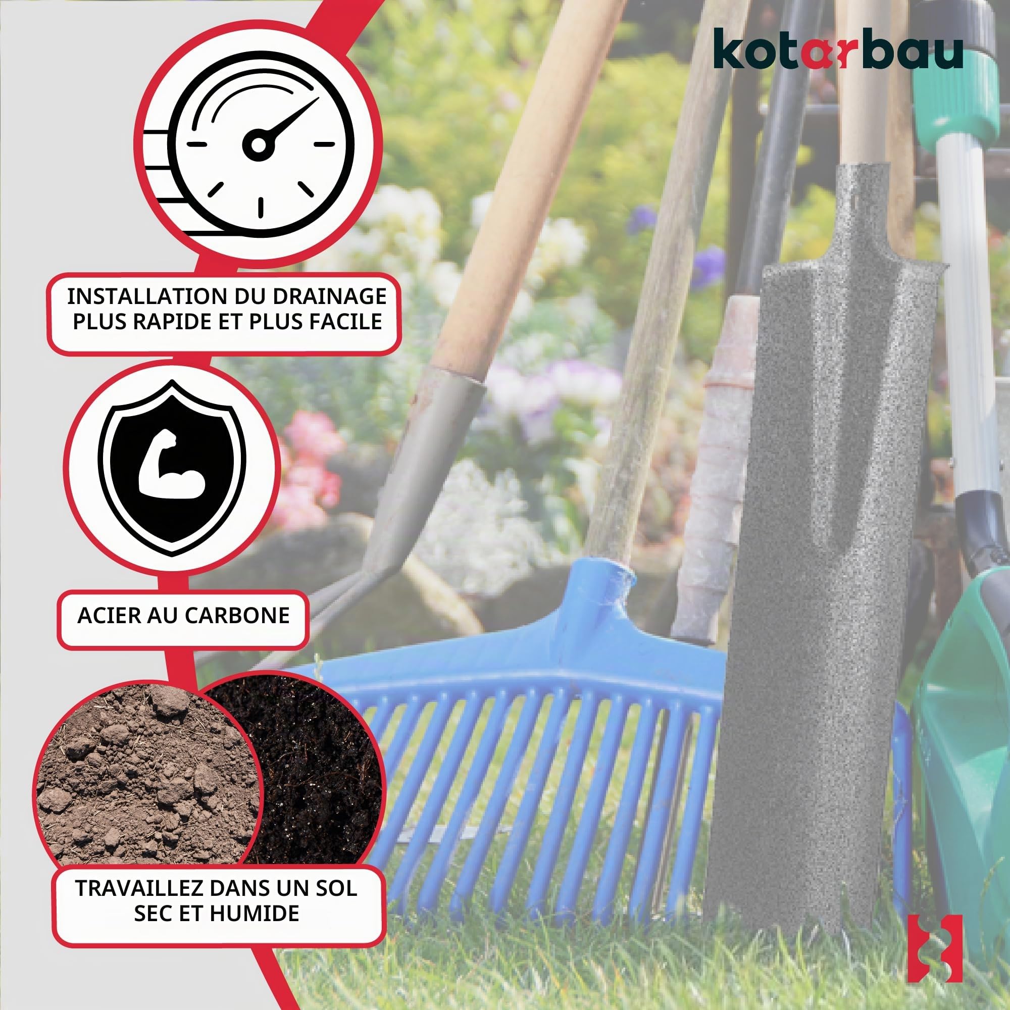 KOTARBAU® Bêche de drainage avec manche en bois, lame en acier étroite, support du manche 38 mm, bêche de jardin 510 x 115 mm
