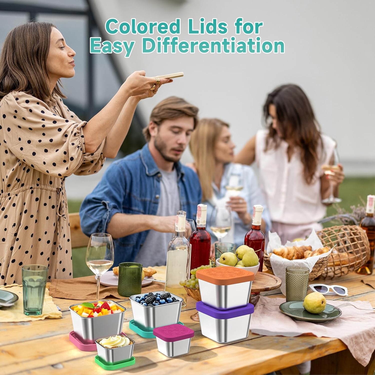 8Pack 6oz Stainless Steel Snack Containers and 2oz Salad Dressing Container To Go, Easy Open Leak Proof Metal Snack Containers With Silicone Lids, Reusable Lunch Box for Office, Picnic, Travel - Image 7