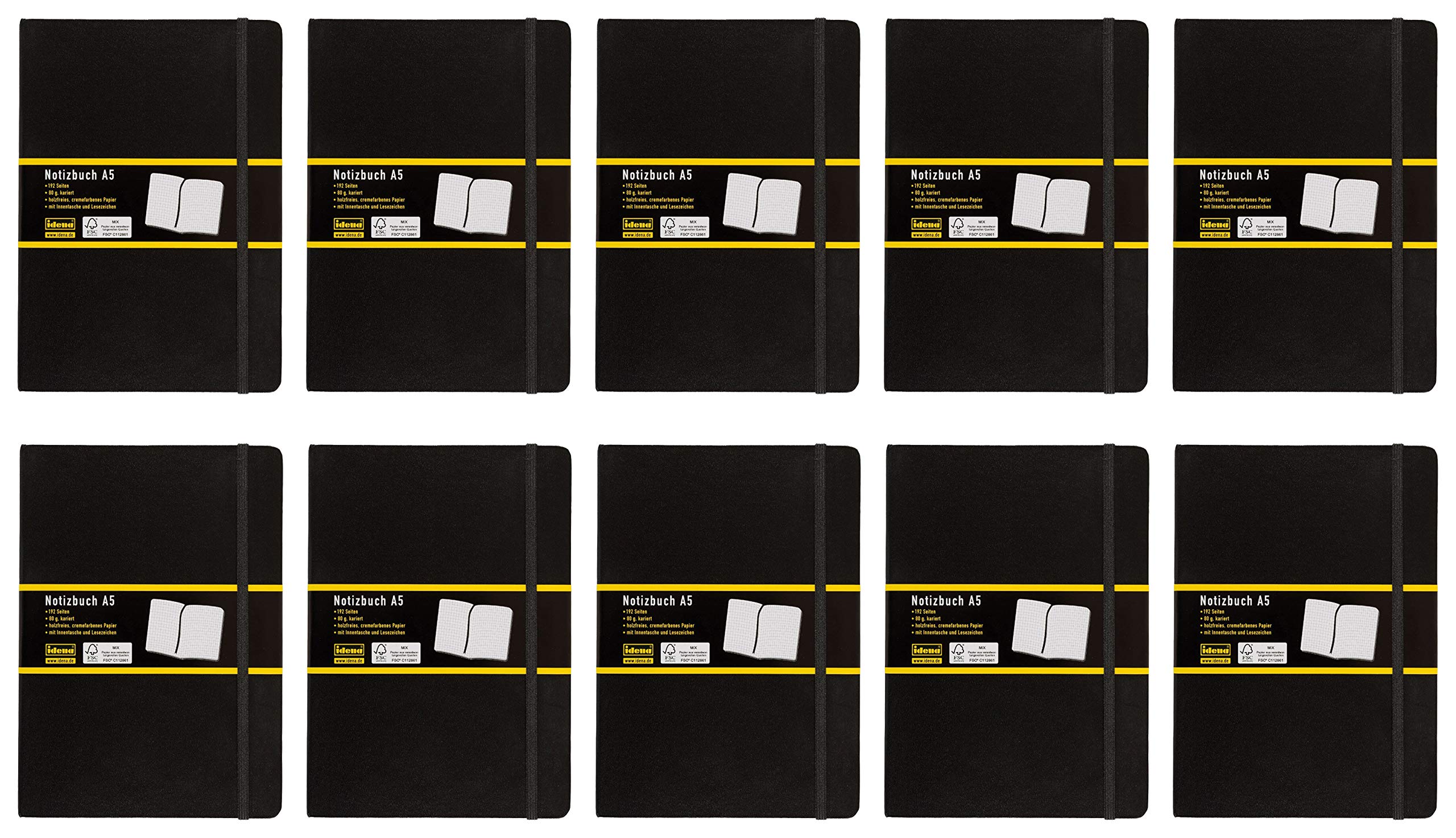 Idena 209281 Notizbuch FSC-Mix, kariert, Papier cremefarben, 96 Blatt, 80 g/m², Hardcover in schwarz (10 Stück, A5)