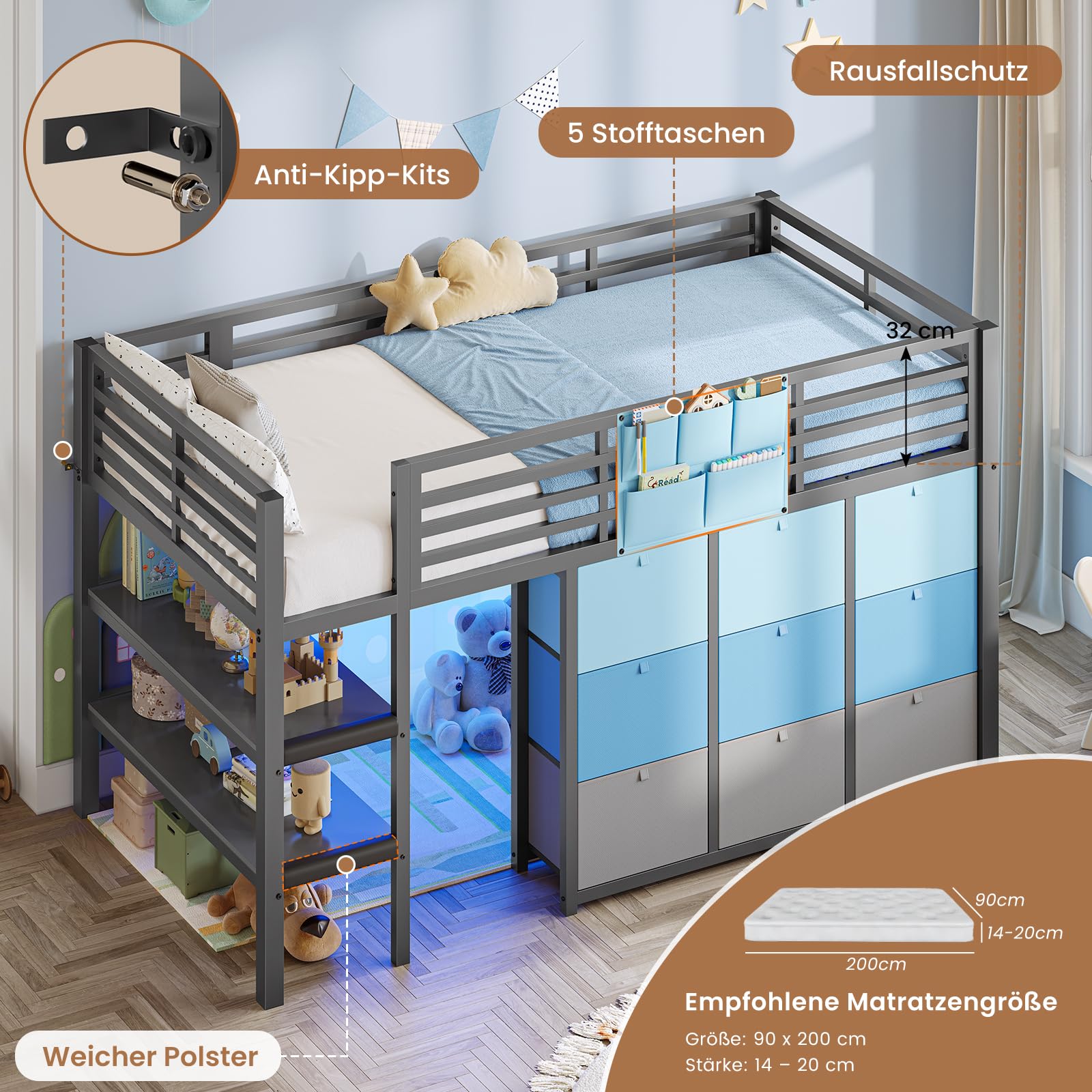 AOGLLATI Hochbett 90x200 mit LED, 9 Schubladen, Treppe als Ablagen nutzbar | Kinderbett mit Rausfallschutz 32 cm, Spielvorhang, Spielbereich unter dem Bett für Kinder, Grau+Blau, ohne Matratze