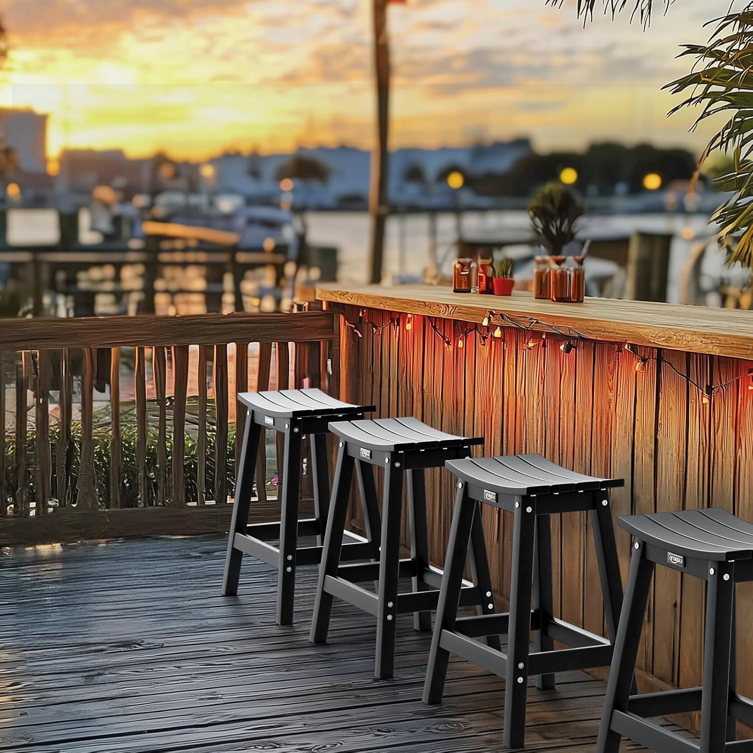 VINGLI 24" Outdoor Bar Stools Set of 2, HDPE Weather-Resistant Patio Bar Stools Heavy Duty Counter Height Bar Chairs for Patio Kitchen Counter Porch and Balcony (Black, 2 PCS)