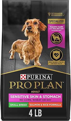 Purina Pro Plan Alimento para perros adultos con piel sensible y estómago, fórmula de salmón y arroz de raza pequeña, bolsa de 4 libras