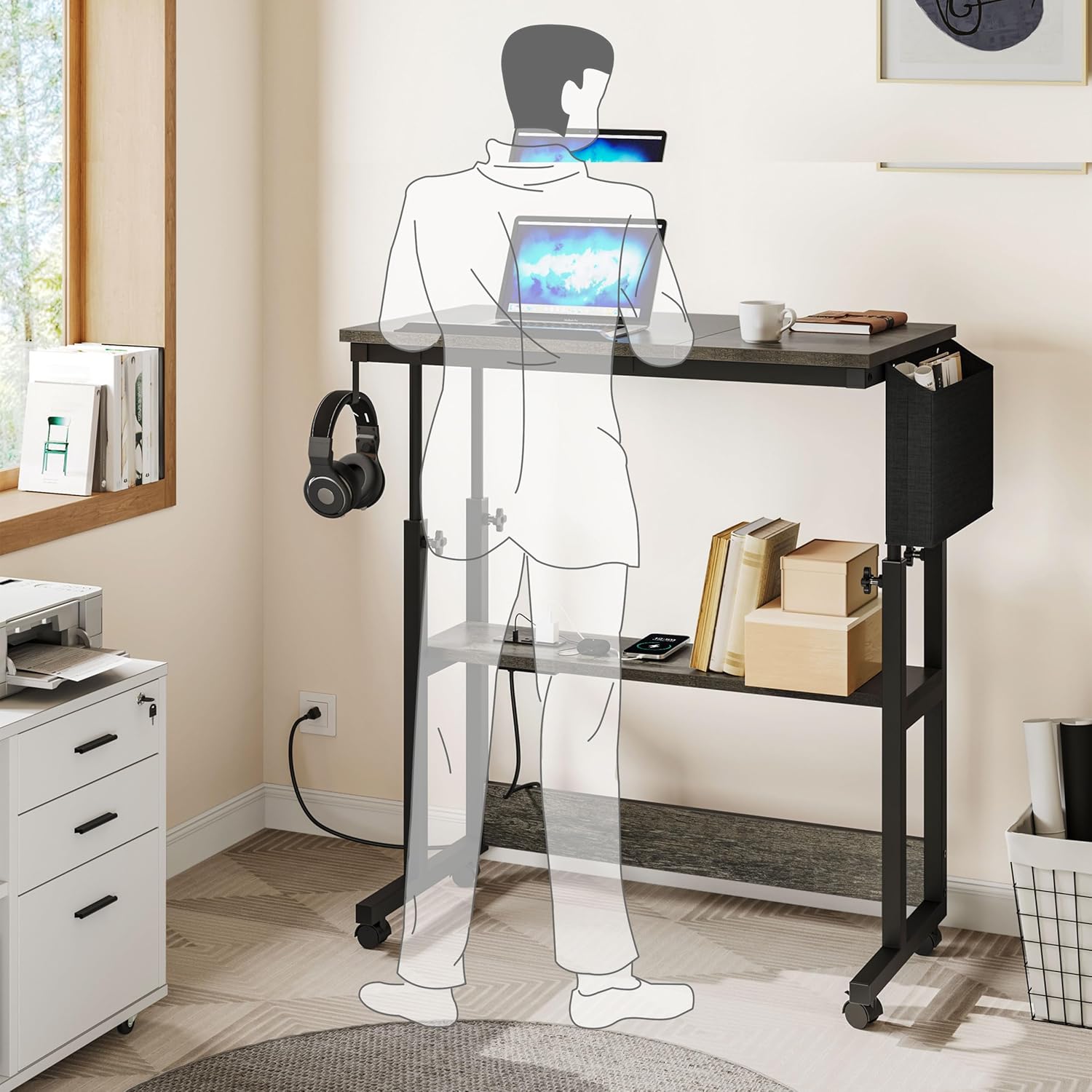 YITAHOME Height Adjustable Table with Charging Station, Portable Desk with Wheels, Small Standing Rolling Computer Desk with Tiltable Tabletop and Storage Bag, Grey