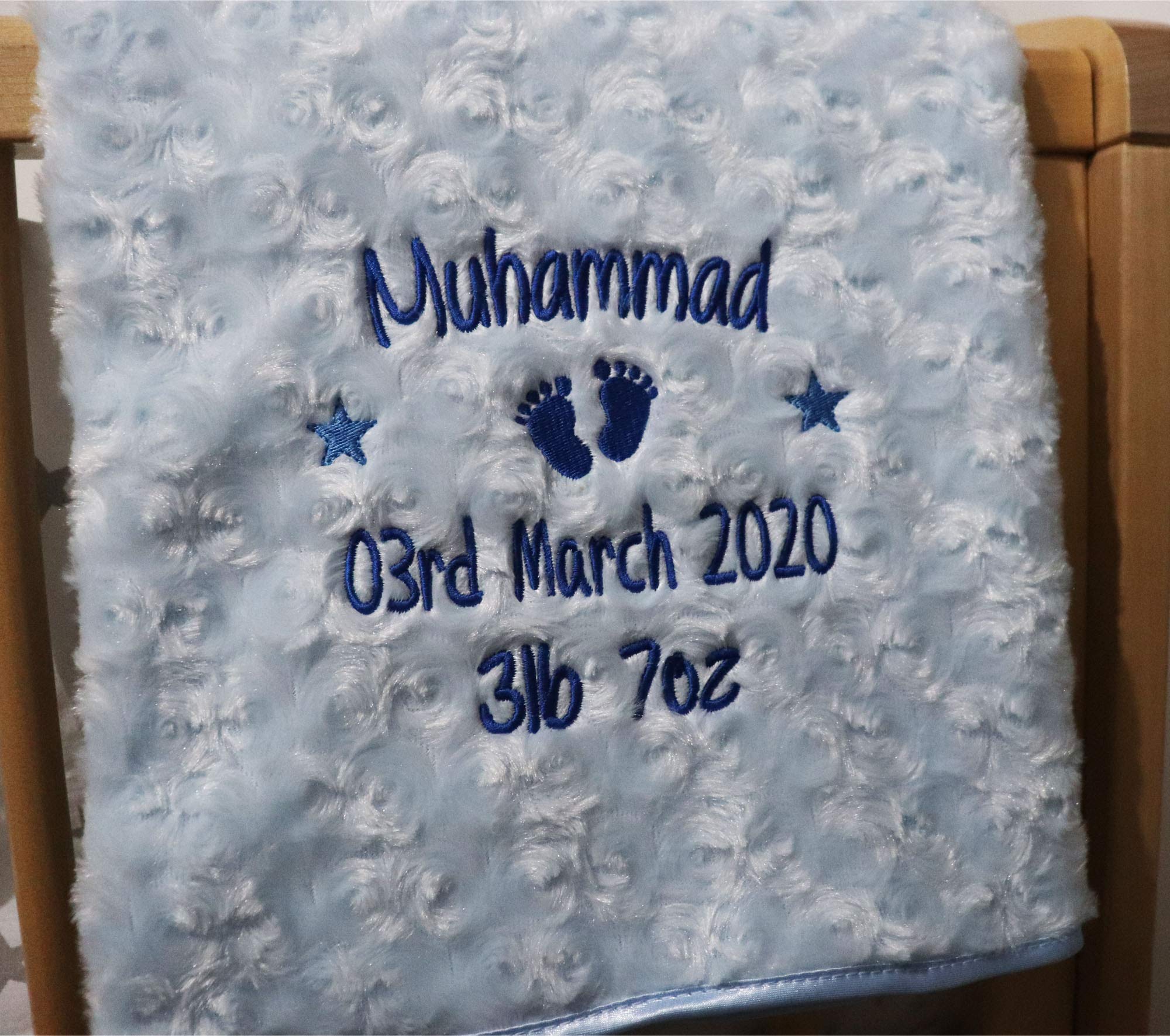 Personalised Baby Blanket Luxury Rosebud Style Blue Round Font Name Date Weight Print