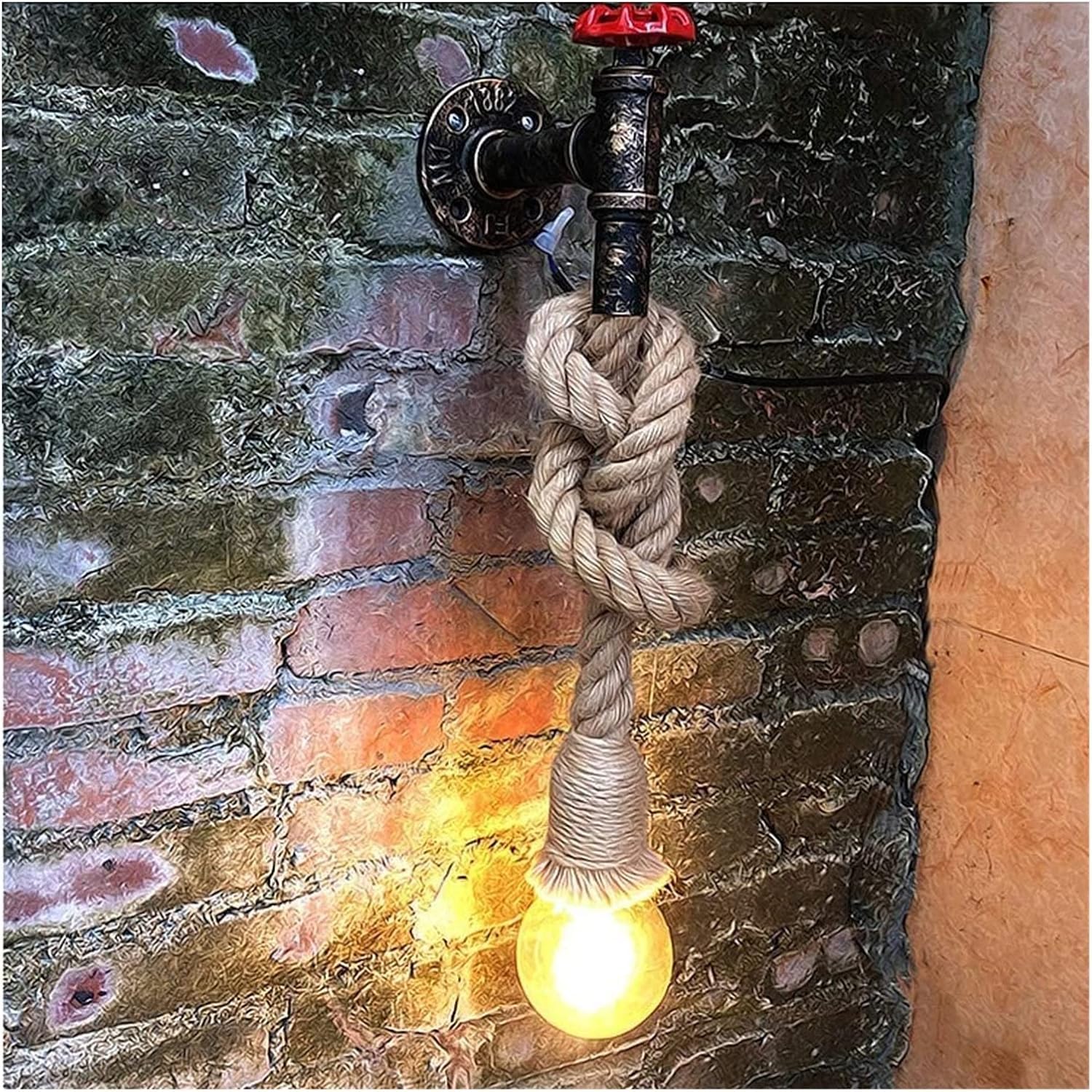 Pipa de agua Cáñamo industrial Barbería Tienda de ropa Escaleras Cuerda Metal rústico Grifo de válvula rojo Lámparas Steampunk de un solo loft