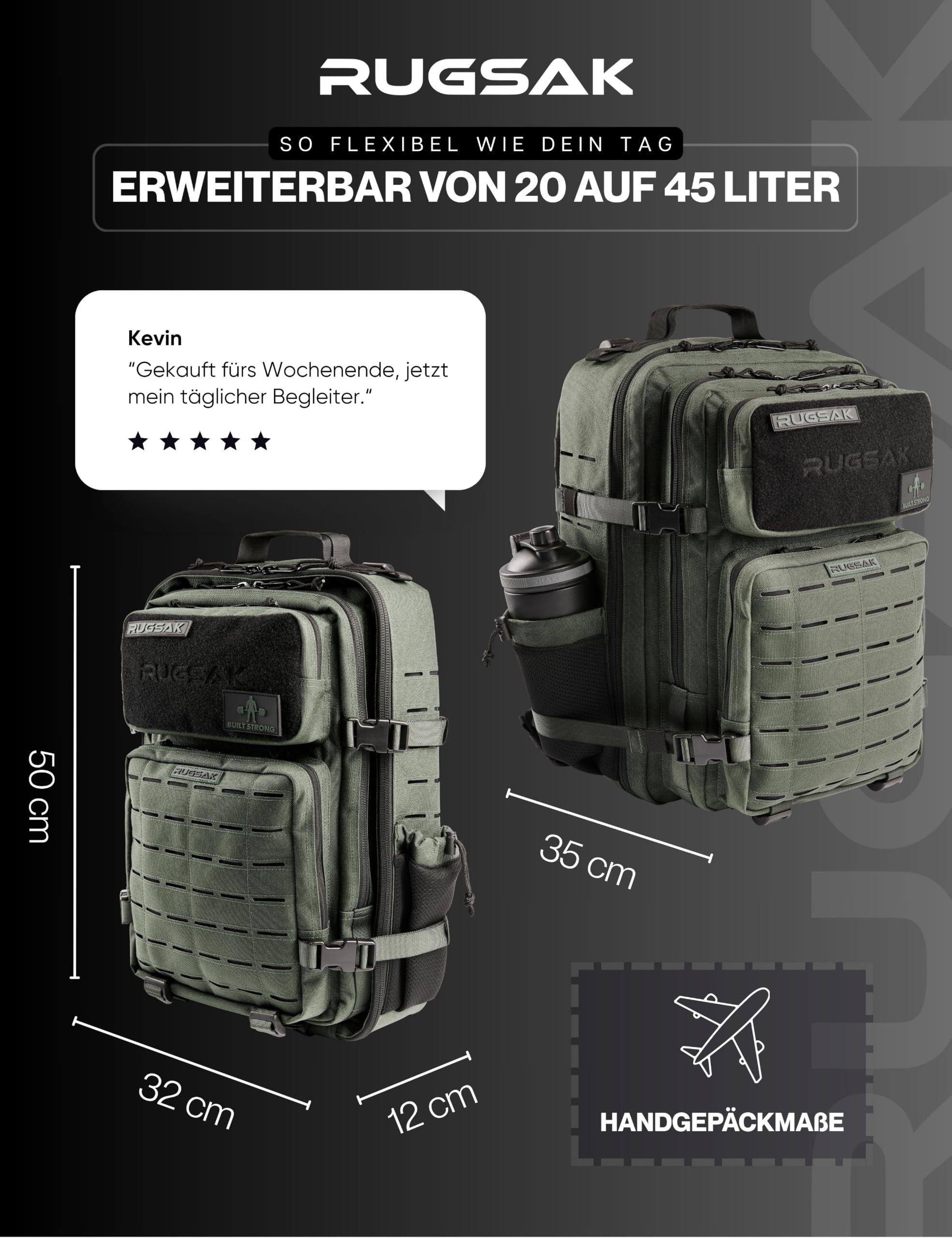 RUGSAK Alpha - Zaino tattico da 20-45 l, impermeabile ed estremamente robusto, per attività all'aperto, lavoro, escursionismo, campeggio e palestra, zaino da viaggio Molle, unisex, acciaio grigio