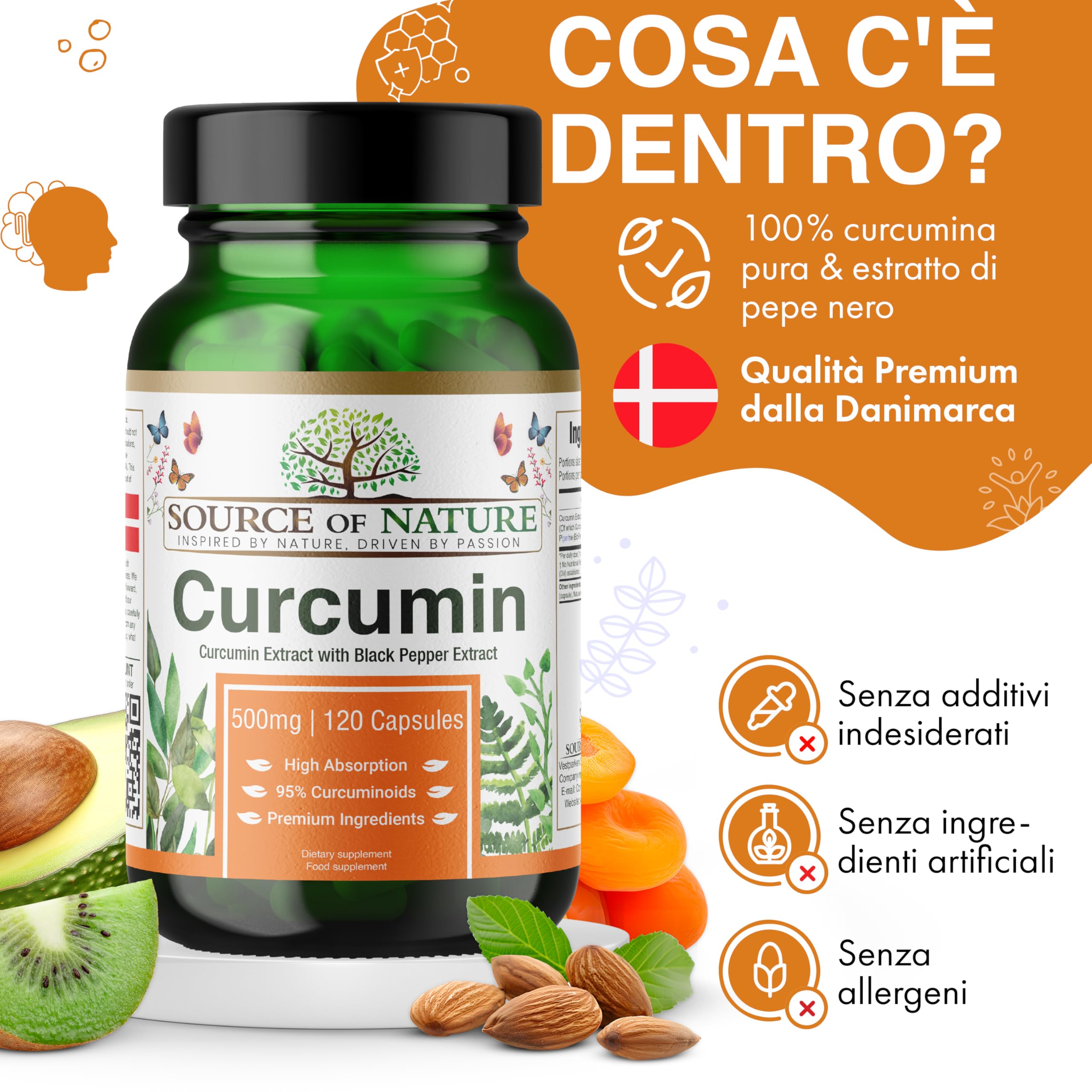 Source of Nature® | Estratto di Curcuma 500mg | 120 Capsule | +95% Curcuminoidi Puri | Prodotto nell'UE | Con BioPerine® (Estratto di Pepe Nero) per Assorbimento | Da Curcuma | Alta dose