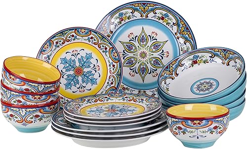 Euro Ceramica Zanzibar - Juego de vajilla de 16 piezas de doble tazón Utensilios de cocina finos Diseño floral multicolor para 4 personas
