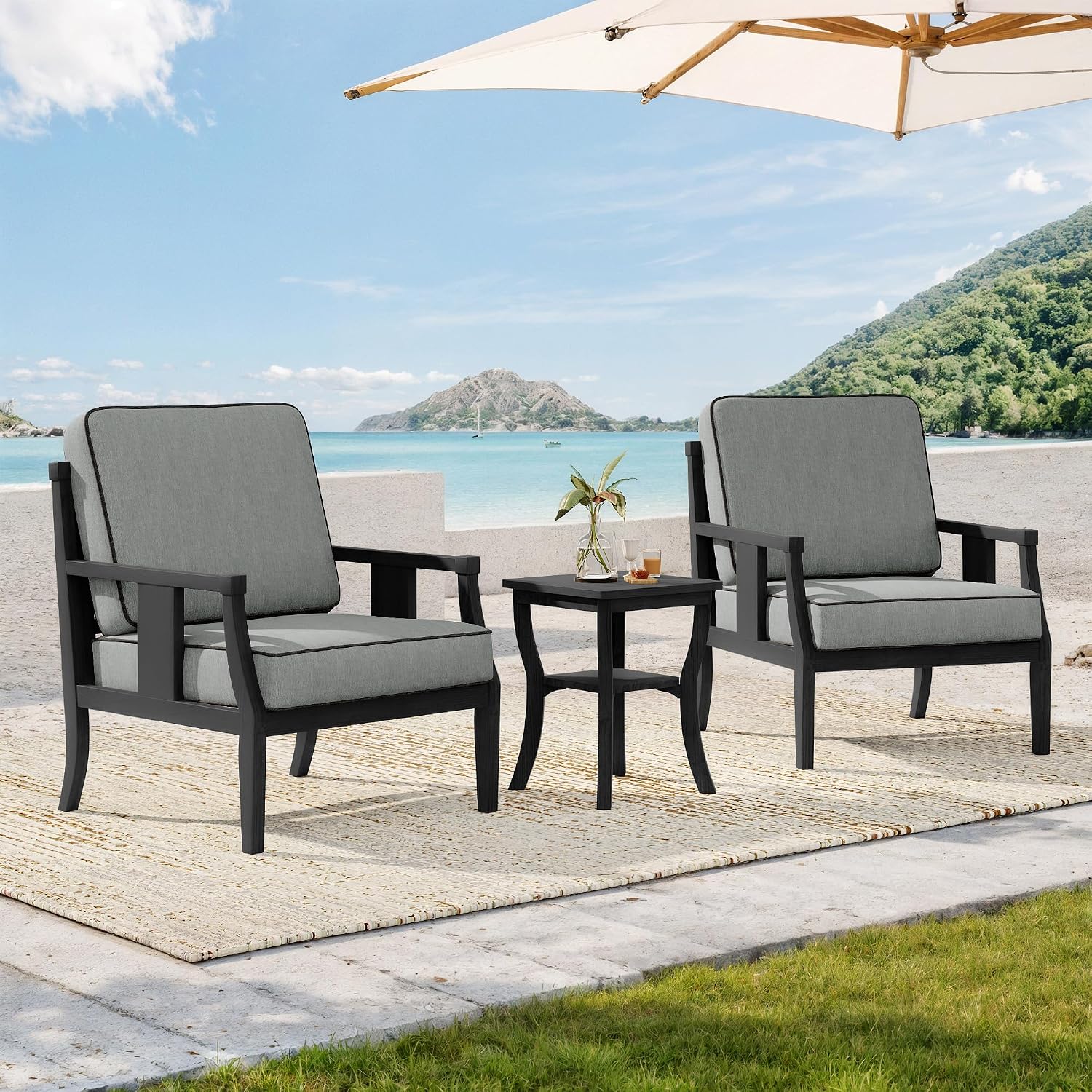 Outdoor Patio Furniture Set, 6 Piece Patio Conversation Sets with Washable Thick Cushions, All-Weather Solid Wood Patio Sofa Armchairs and Coffee Table for Porch, Balcony, Natural Frame&Navy Cushion