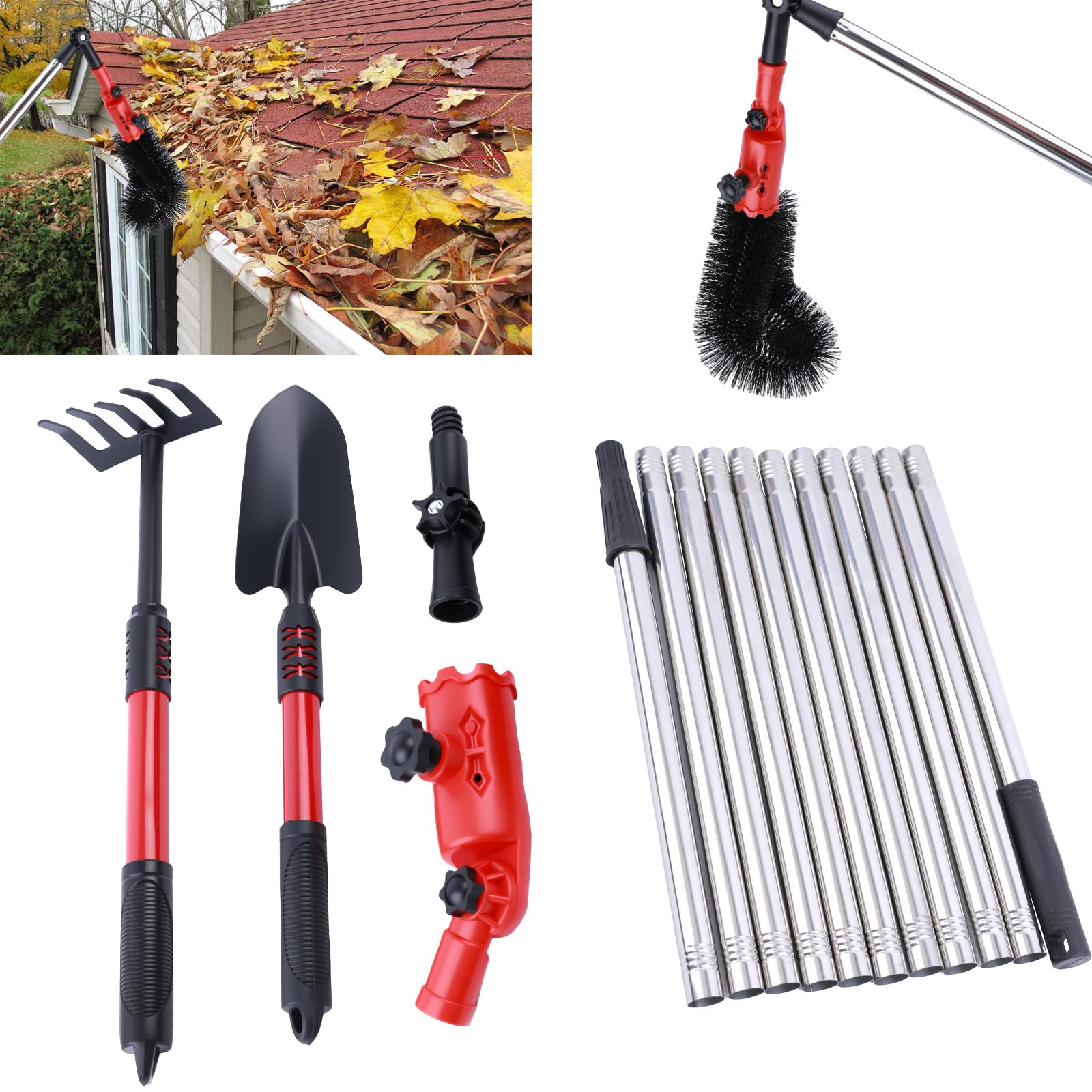 2-in-1 Multi-Angle Gutter Cleaning Tool with Shovel and Rake,4m Extendable Telescopic Roof Gutter Cleaner with 11 Poles Adjustable Angle,Detachable Cleaning Brush Tool for Leaves Debris Window Gutter