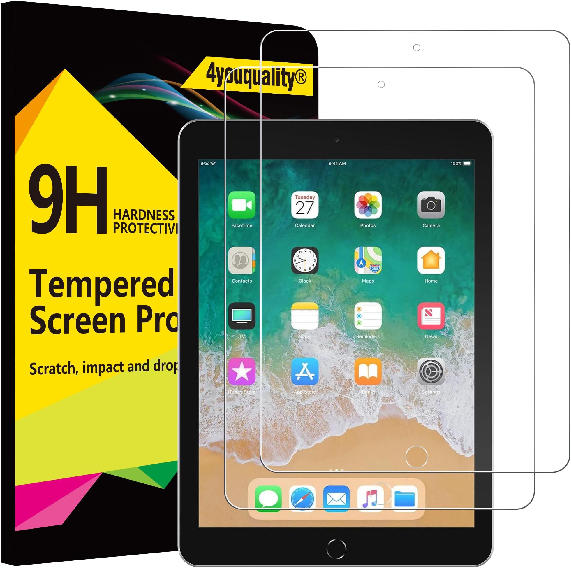 4youquality 2-Pack Screen Protector for iPad 9.7-Inch (6th/5th Generation, 2018/2017 Model), iPad Air 1/Air 2, iPad Pro 9.7-Inch, Tempered Glass Film, Anti-Scratch, Impact-Resistant