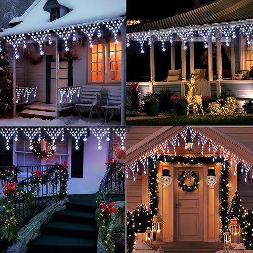 Miniatura 6 de Luces de Navidad para exteriores, luces de decoración de Navidad, 218 luces LED de carámbano de 13.8 pies con 8 modos, 12 gotas de luces colgantes