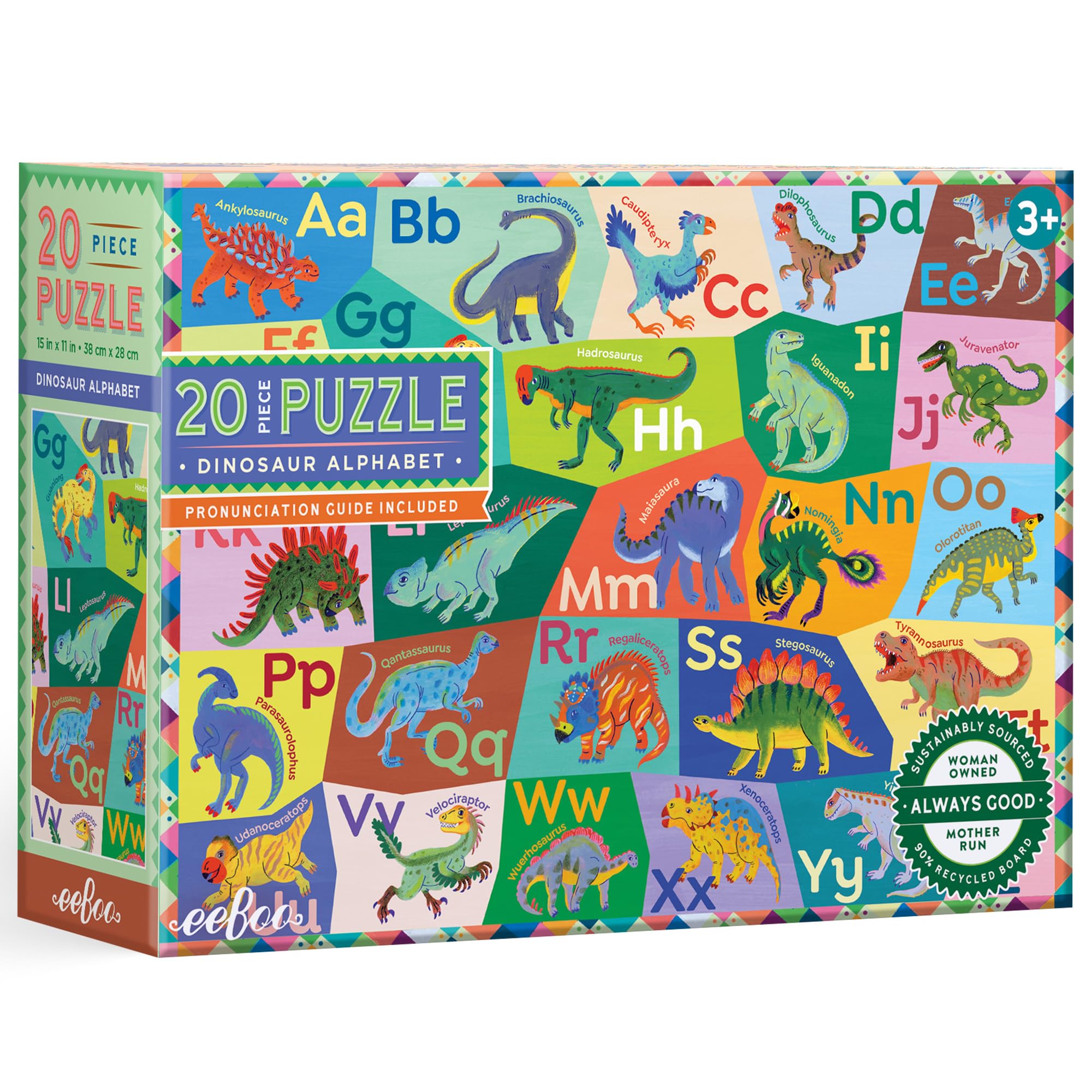 eeBoo: Dinosaur Alphabet - 20 Piece Puzzle - 15x11 Jigsaw, Oversized Pieces, Colorful Dino Illustrations, Educational Pronunciation Guide, Kids 3+