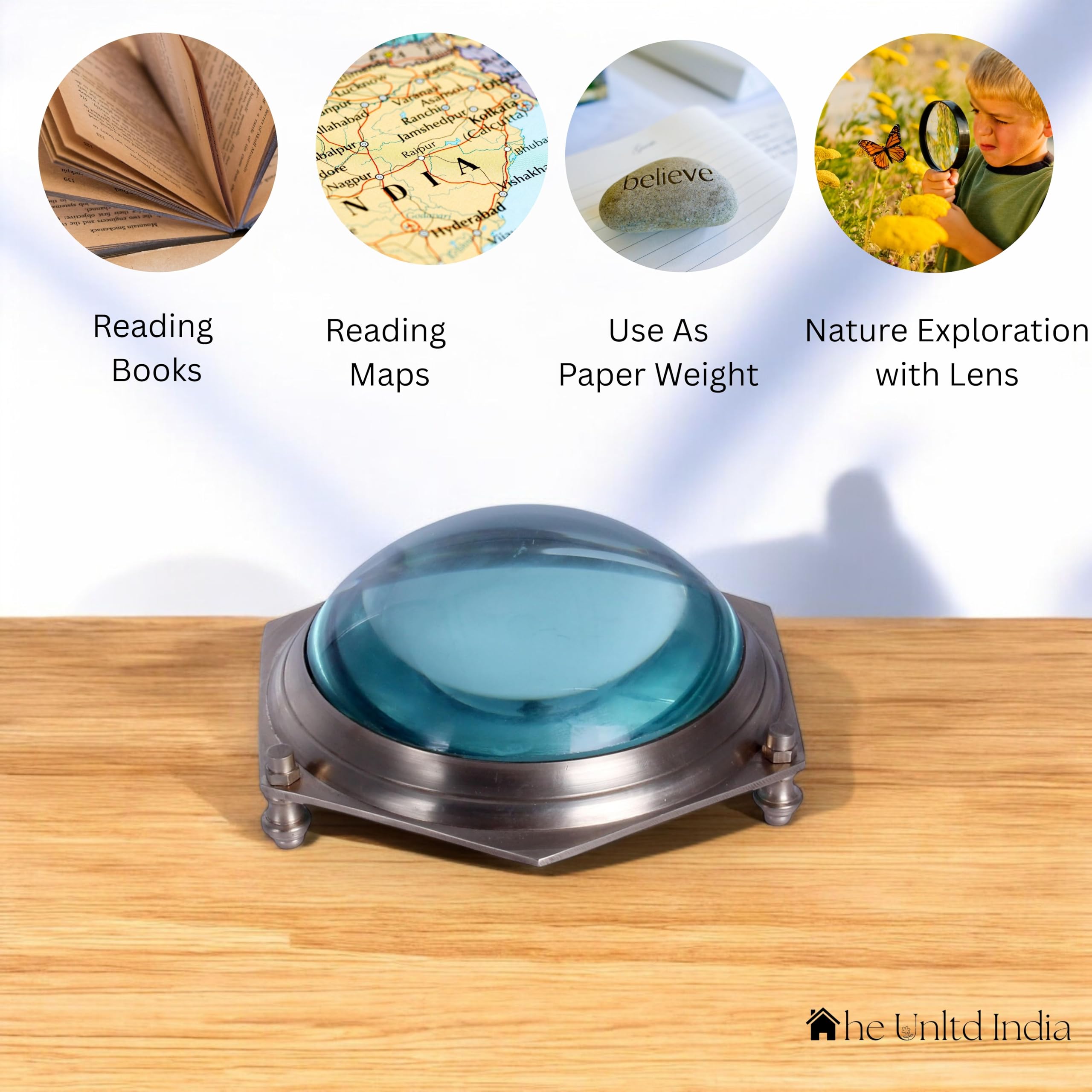 THE Unltd India Vintage Brass Desk Top Nautical Brass Magnifying Glass Freehand with High Magnification for Close Work & Reading Small Prints Books Newspapers Stamp & Coin Collection for Men Women - Image 2