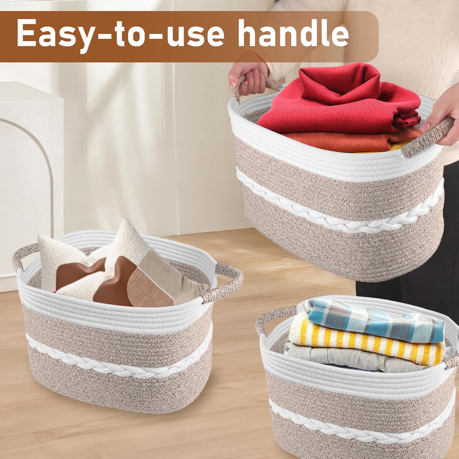 Cotton Rope Storage Basket, Rectangle Woven Baskets with Handles for Shelves, Home Organizer Storage Bins Cubes, Toy Laundry Towel Basket for Living Room Bathroom, 15x10x9.5 Inches, Pack of 3