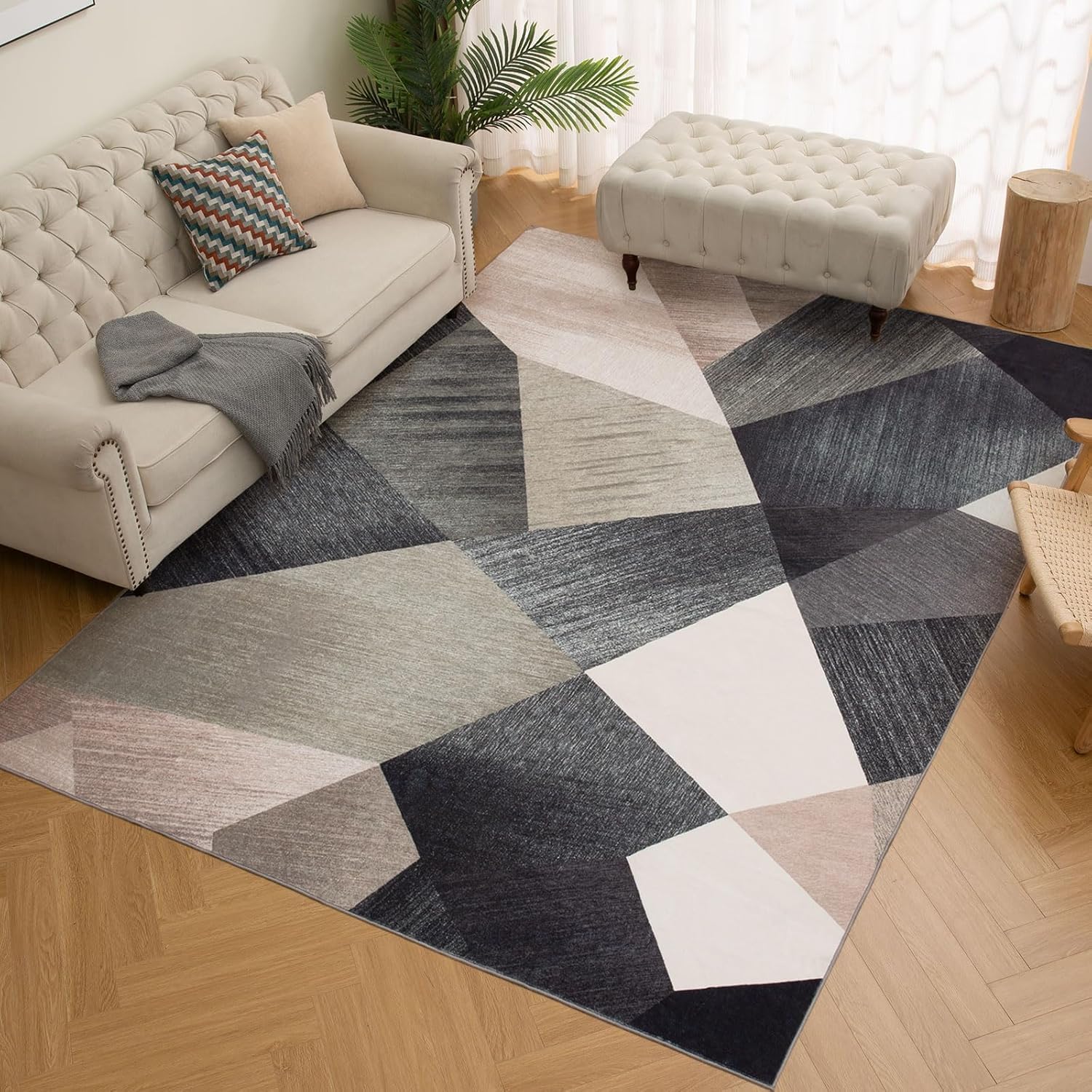 Tappeto Salotto Grandi 160 x 230 cm Tappeto Corridoio Antiscivolo Morbido Pelo Corto Tappeti per cucina Pranzo Soggiorno Camera da Letto Modern Geometric Gray Beige White Blue