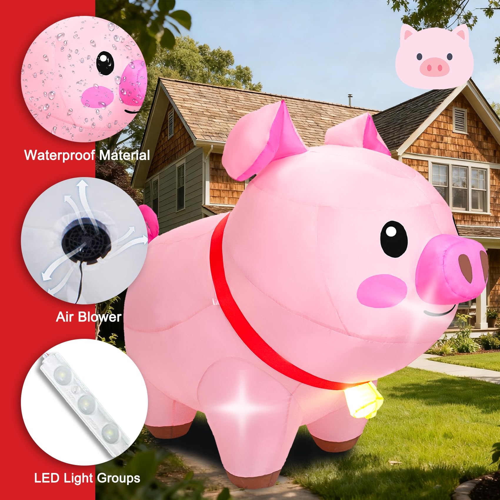 Aufblasbares Schwein, Outdoor-Dekorationen, aufblasbare Hofdekorationen mit LED-Lichtern, niedliches rosa Schwein, aufblasbar für Urlaub, Garten, Rasen, Bauernhof-Motto-Party-Dekor