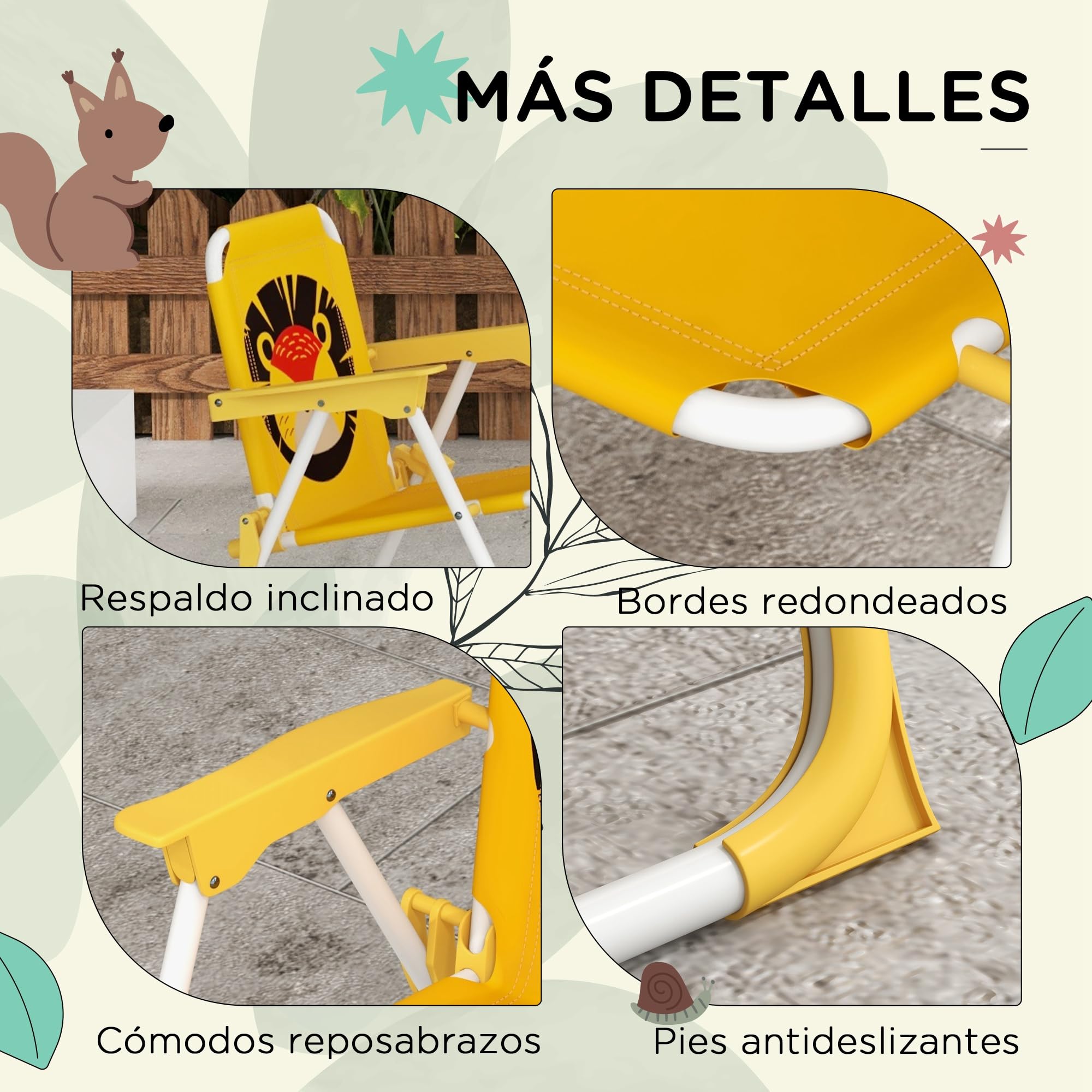 Outsunny Conjunto de Mesa y Sillas para Exterior Infantil Set de 2 Sillas Plegables y Mesa para Niños Mesa con Sombrilla Ajustable en Altura Temática de León para Jardín Patio Amarillo y Marrón