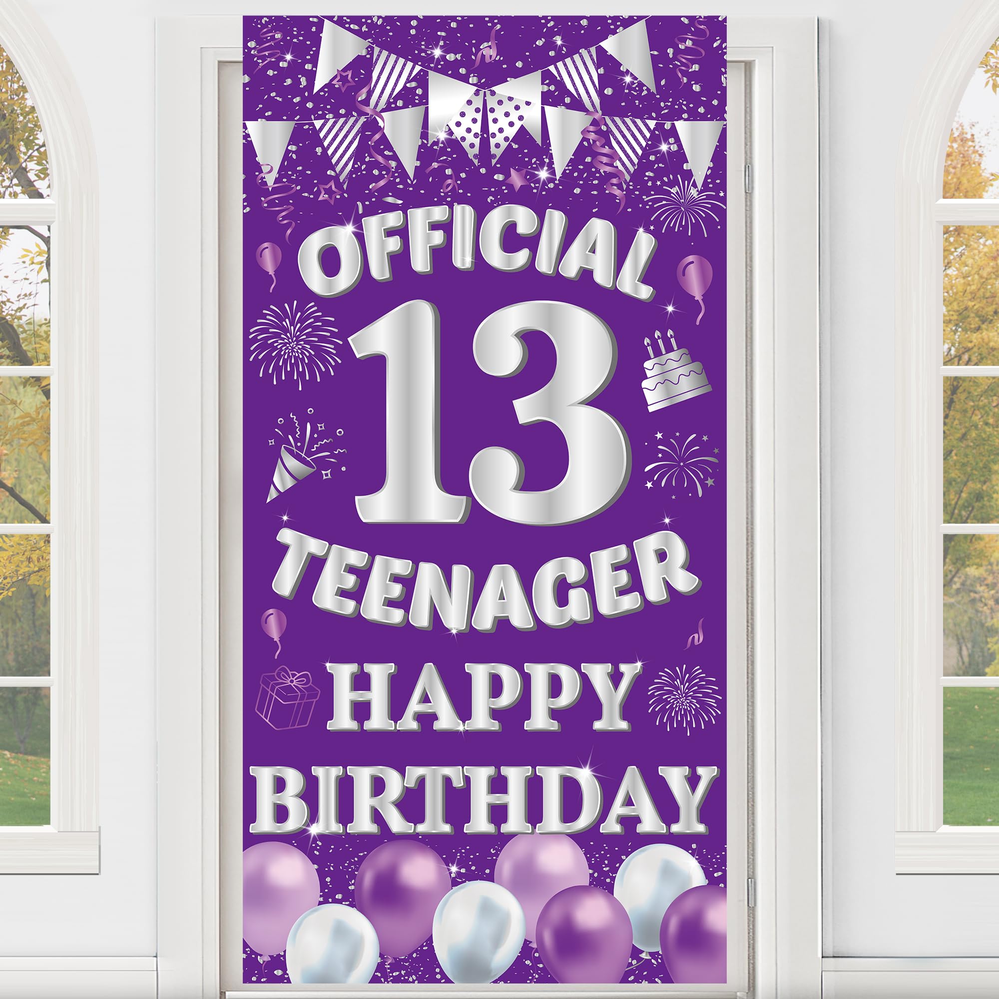 13th Birthday Decorations Banner Girls - Purple Official Teenager Happy Bday Door Banners Backdrop Cloth Party Supplies Photo Backgrounds for Thirteen Year Old Outdoor Indoor Yard Decor 185 X 90 cm
