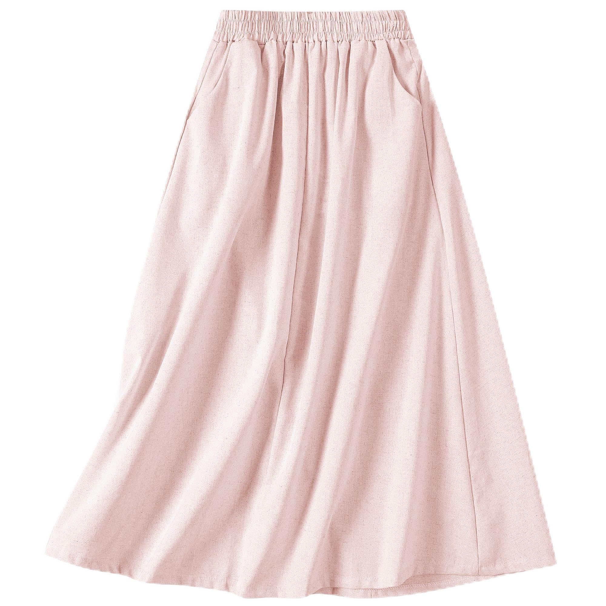 SANGTREE Womens Cotton Linen Midi Skirt with Pockets Casual Flowy Swing Elastic High Waist A-Line Long Boho Skirts