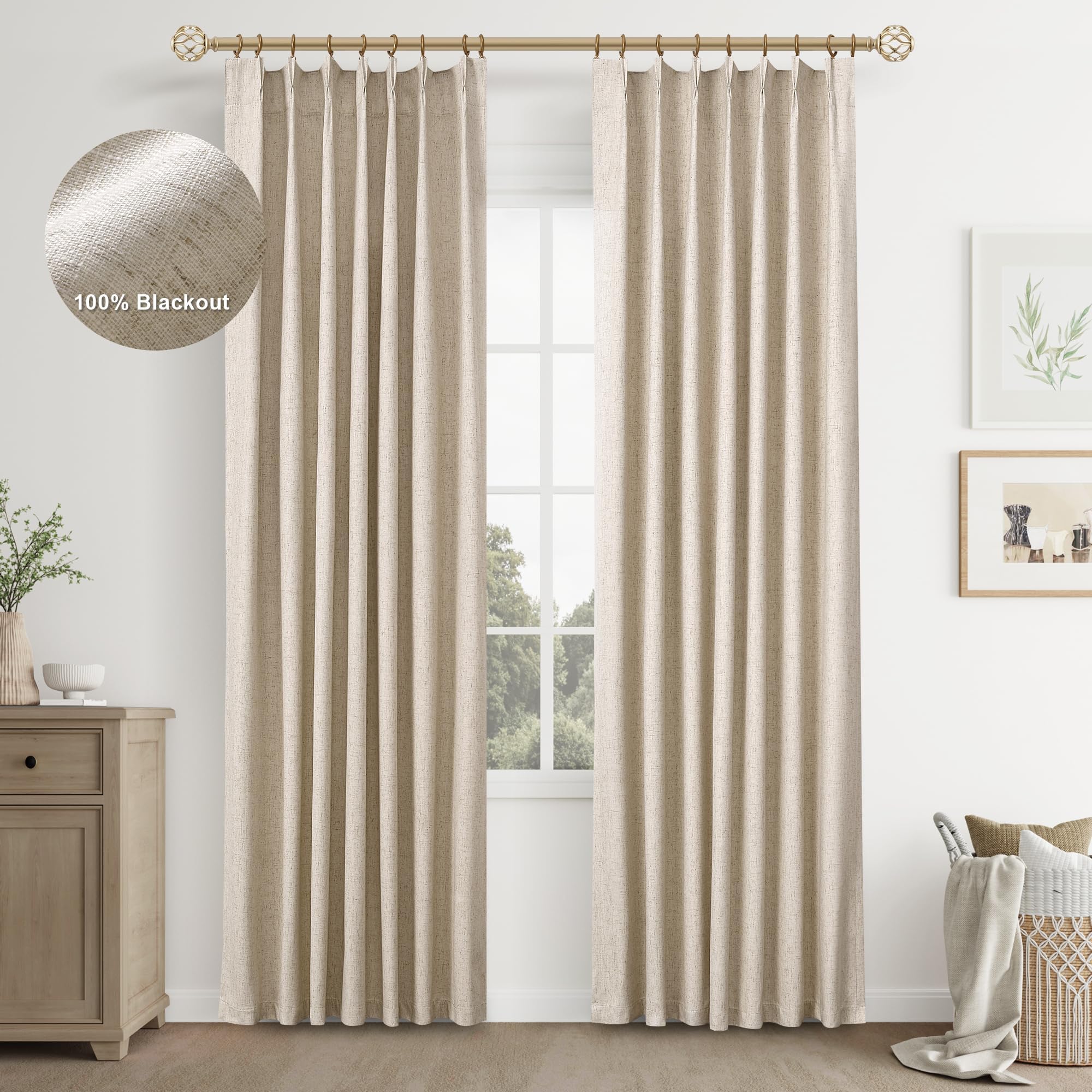 Joywell Linen 100% Blackout Curtains 84 Inches Long,Pinch Pleated Back Tab Window Drapes with Hooks Room Darkening Light Noise Blocking for Bedroom Living Room,W40 x L84,Linen,2 Panels Set