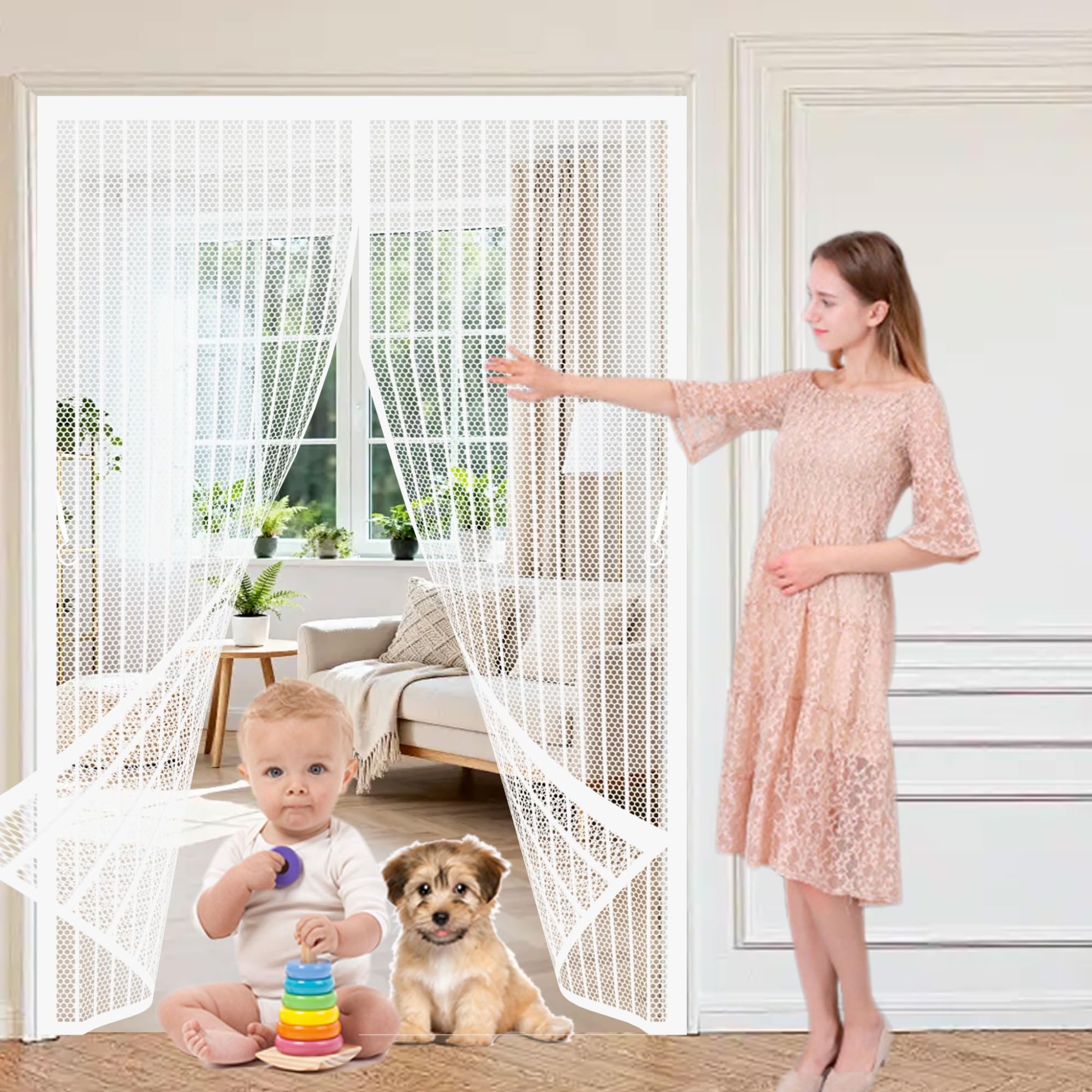 Magnetic Fly Insect Screen Door 119 x 243 cm Full Frame Magic Tape, Powerful Magnets Magnetic Fly Screens Heavy Duty, Lets Fresh Air Pet and Kid Friendly, White