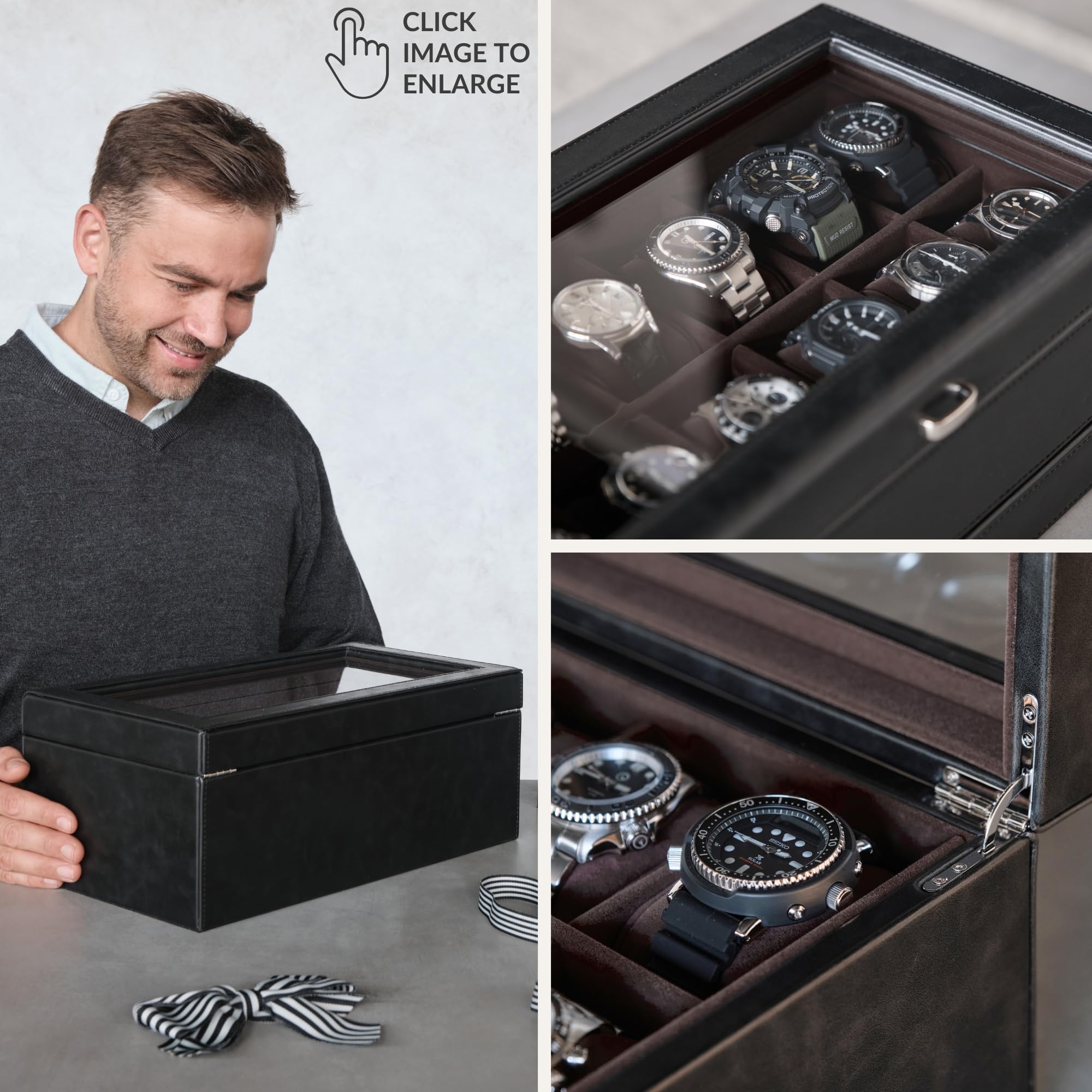 TAWBURY Caja de reloj para hombre – Caja de reloj extragrande con 24 ranuras y pantalla de cristal auténtico, cajón extraíble y cojín de 5 cm de ancho para relojes grandes (negro/antracita)