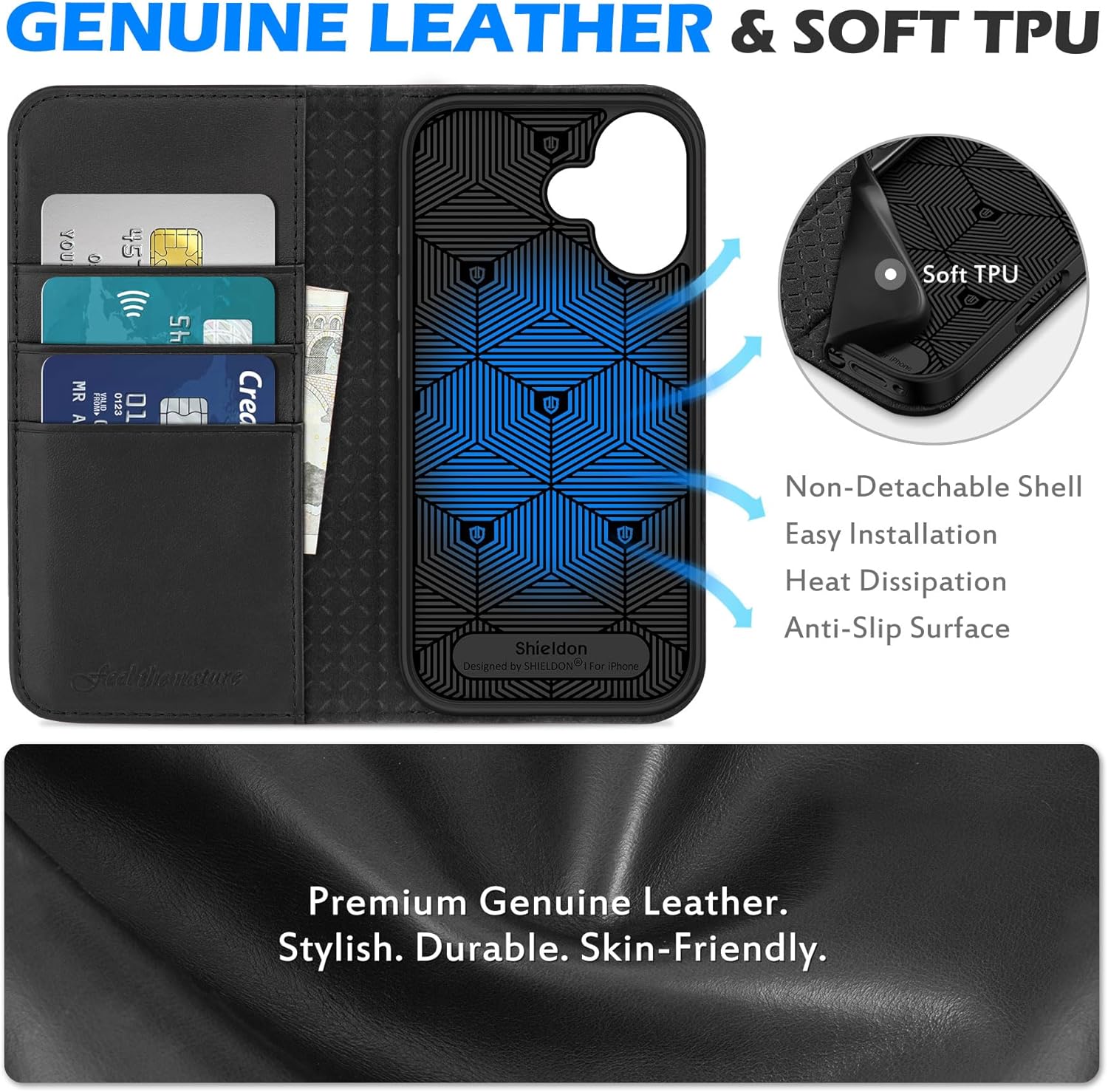 SHIELDON Genuine Leather Wallet Case for iPhone 17 6.3-inch 5G 2025 | Flip Magnetic Cover | Kickstand | RFID Blocking | 3 Credit Card Holder | Shockproof | Soft Inner Phone Case | Black