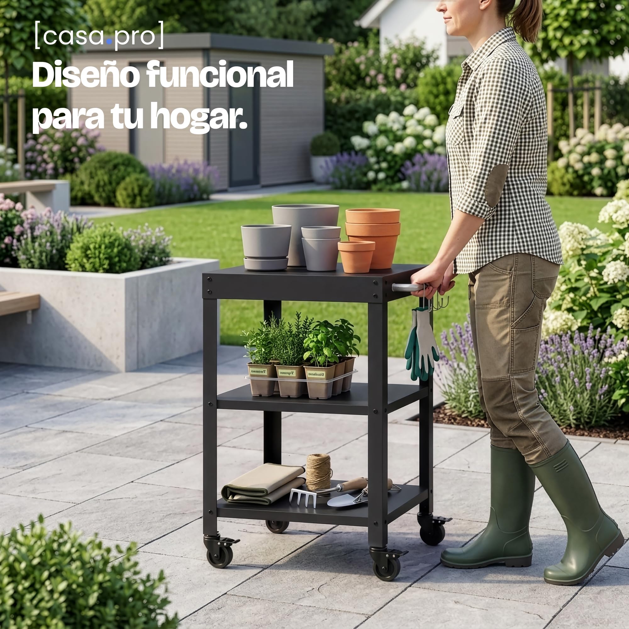 casa.pro Carro de Servicio Bolognano para Jardín Carrito Auxiliar con Ruedas de Exterior Carro de Barbacoa de 3 Niveles Patio Piscina Terraza Metal 81 x 50 x 50 cm - Negro