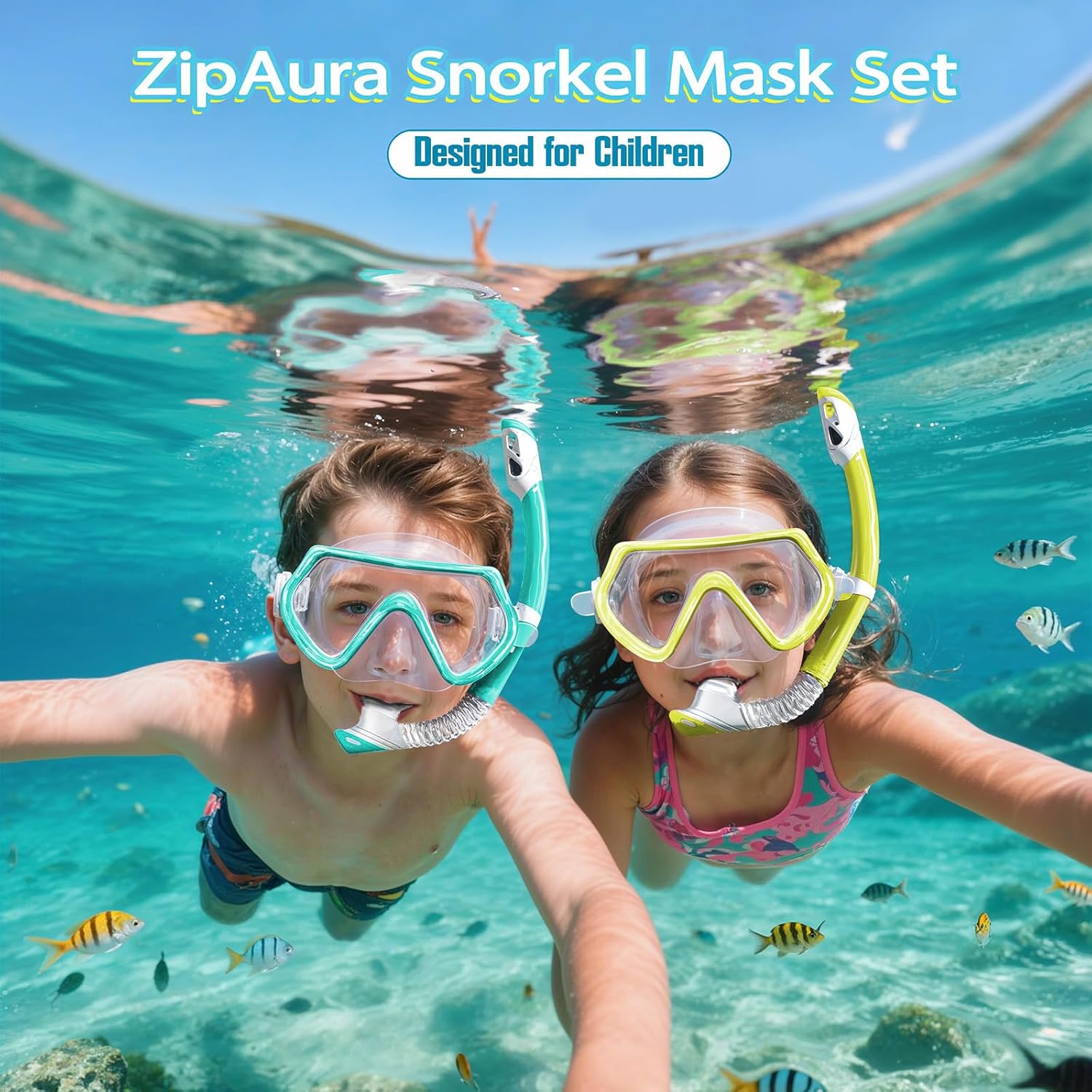 2 sets kids snorkeling gear for ages 3-14, anti-fog 180° clear view dry top snorkel set, swimming mask with nose cover & tempered glass goggles for youth boys girls junior light blue+yellow small-medium