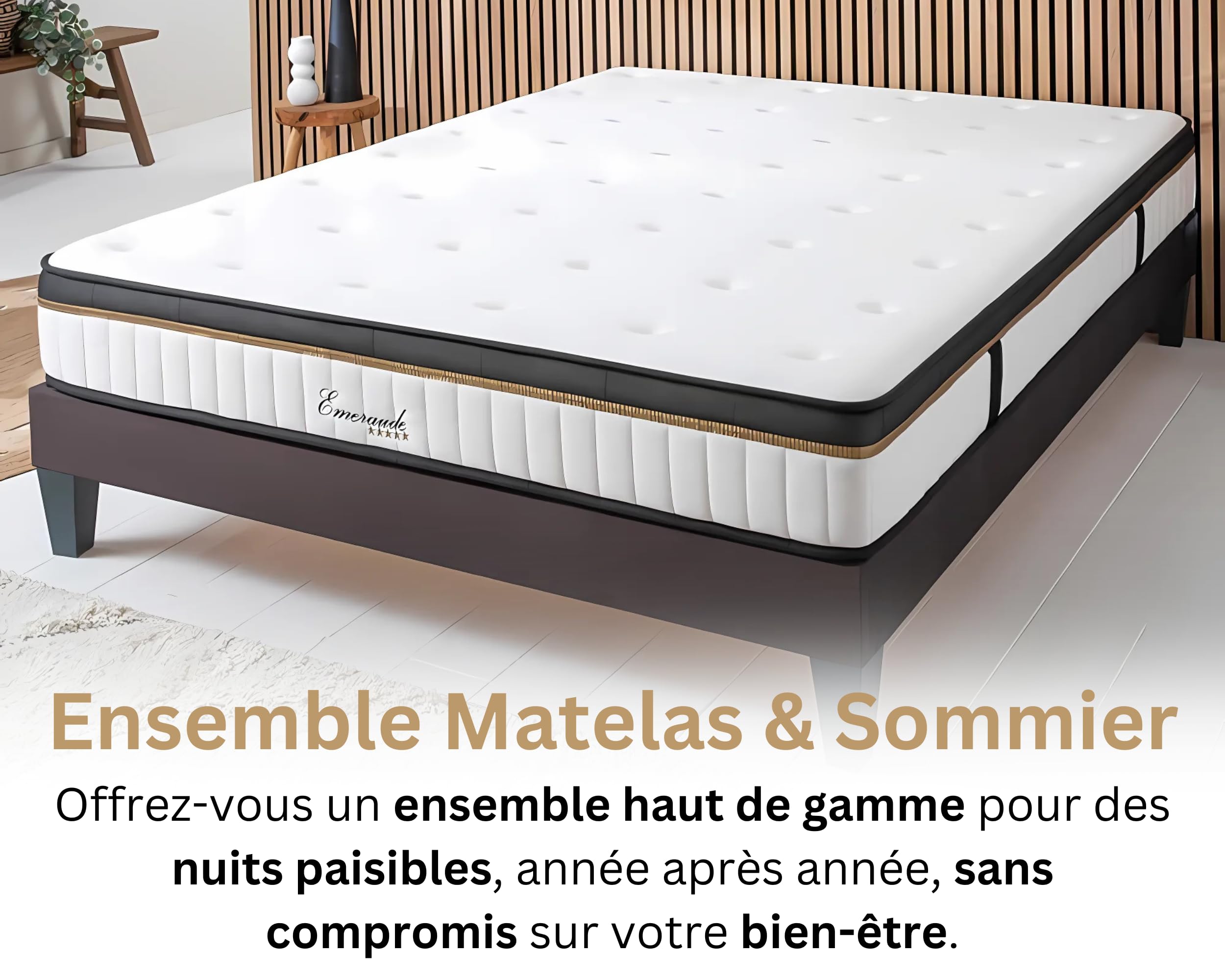 Maison Aubertin - Ensemble Matelas Sommier Emeraude 180x200, Ép 54, à Mémoire de Forme Haute Densité 60 kg/m³, Mousse à Cellules Ouvertes, Lit en Bois Massif, 2 Personnes