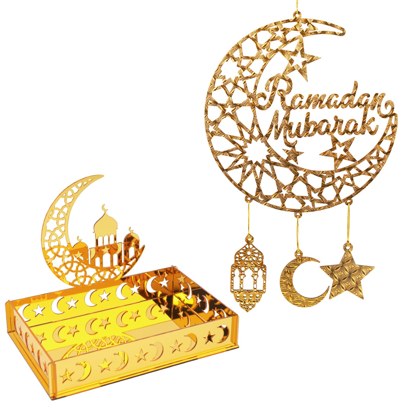 Ramadan Decorations for Home, Eid Mubarak Wooden Wreath & Serving Tray Eid Decorations Door Hanging Sign, Golden Mosque Ramadan Wall Decor Al-fitr Moon Star Container for Islamic Party Storage