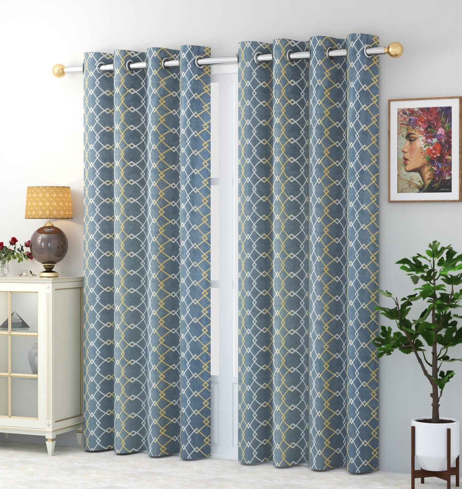 WO FLORA Latest Check Pattern Long Door Curtains for Living Room | Drawing Room Parde | Curtain Panel for Window, Dark Grey Color 9 Feet 2 Pcs Set Curtains