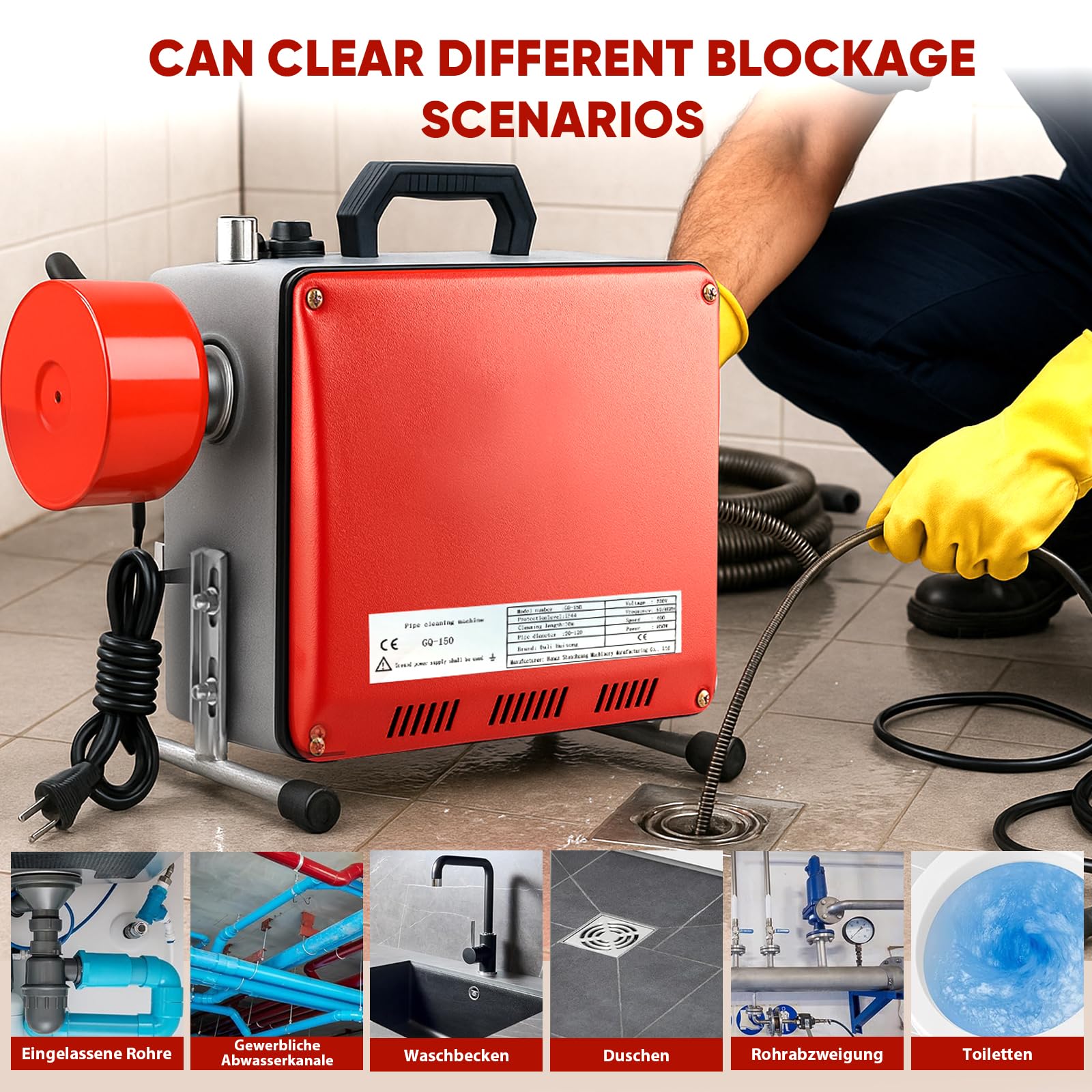 850W Máquina de Limpieza de Tuberías, Limpiador de Desagües Eléctrico de 400 rpm, Desatascador Eléctrico de Tuberías con Espirales de 16mm y 10mm Adecuado para Tubos de Ø20-100mm 20M Spiralen