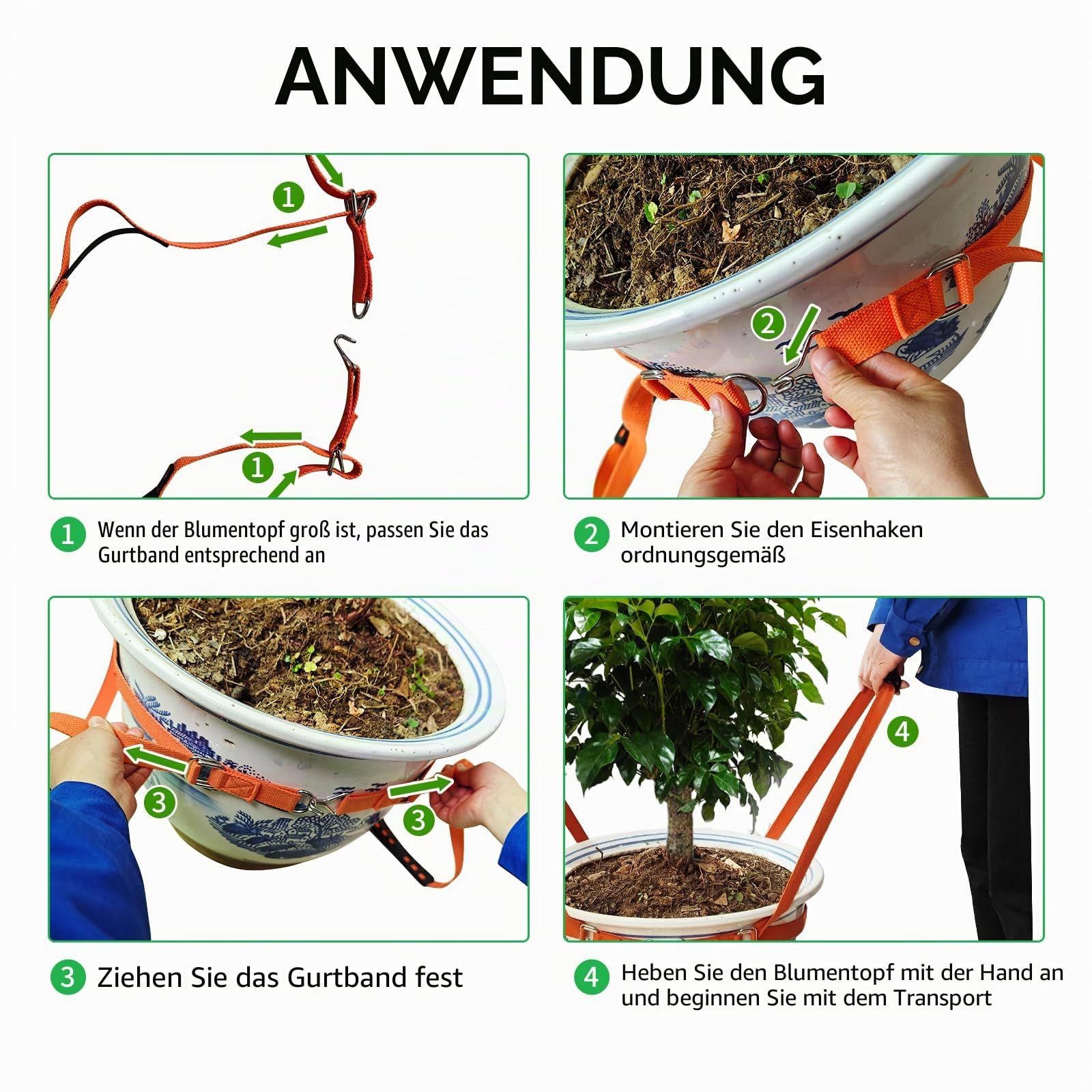 Topfpflanzenbeweger, Pflanzen-Hebegurte für Blumentöpfe, Pflanzgefäße, Felsen, Bäume, einfaches Anheben und Bewegen Schwerer Gegenstände bis zu 68 kg, kleine Größe, Orange, zum Patent