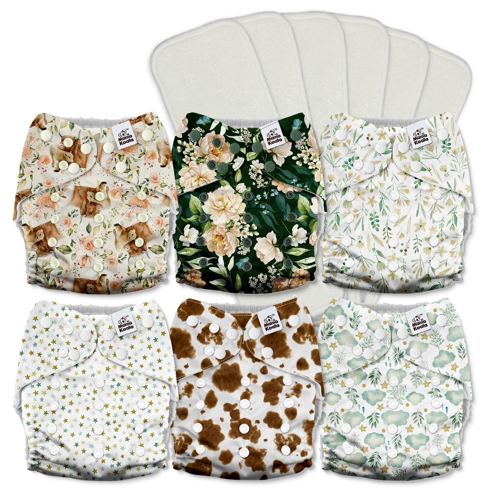 Mama Koala 3.0 Pocket Cloth Diapers for Babies with AWJ Lining, 6 Pack with 6 5-Layer Natural Cloth Diaper Inserts - Reusable and Washable Pocket Diapers(A-A Special Set)