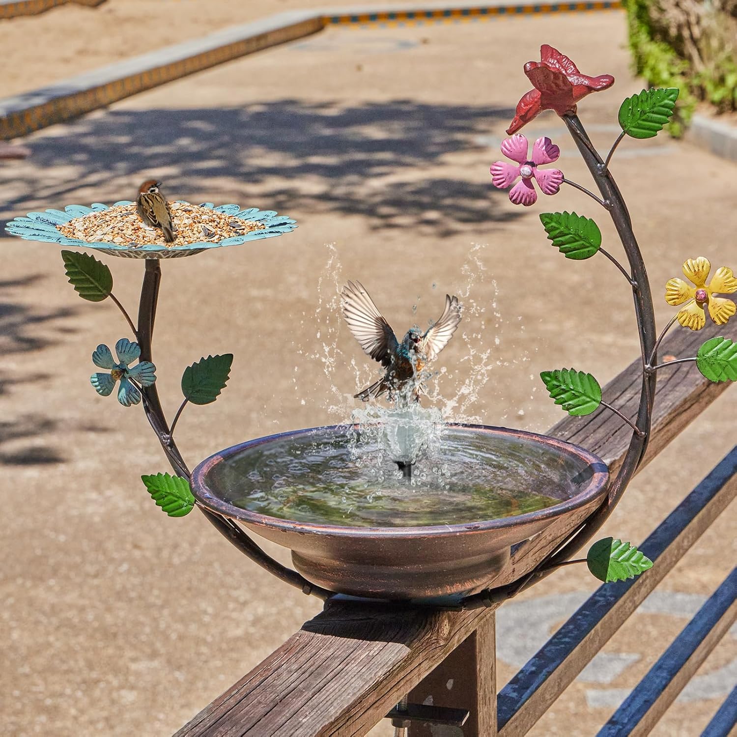 Solar Bird Bath,Deck Bird Bath with Solar Fountain,Metal Bird Bath Bubbler,Deck Mounted Bird Bath and Bird Feeder,Balcony Bird Bath,with Adjustable Heavy Duty Clamp for Patio Porch Garden