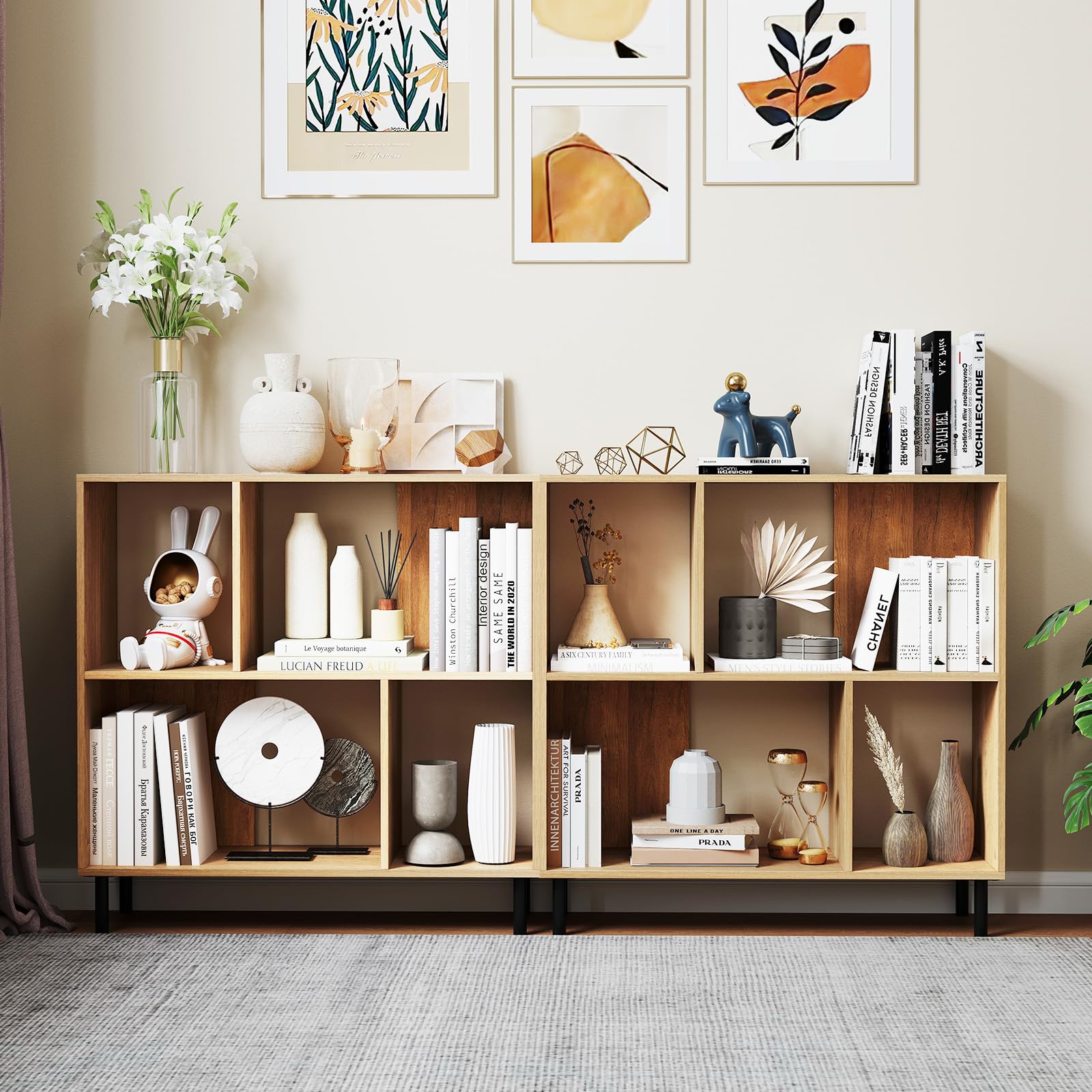 COSTWAY Libreria Estanteria, Estanteria Libros de Madera de 4 Cubos, Estantería de Piso de 2 Niveles con Patas Metálicas, Estante Horizontal de Almacenaje，90 x 30 x 90 cm (Natural)