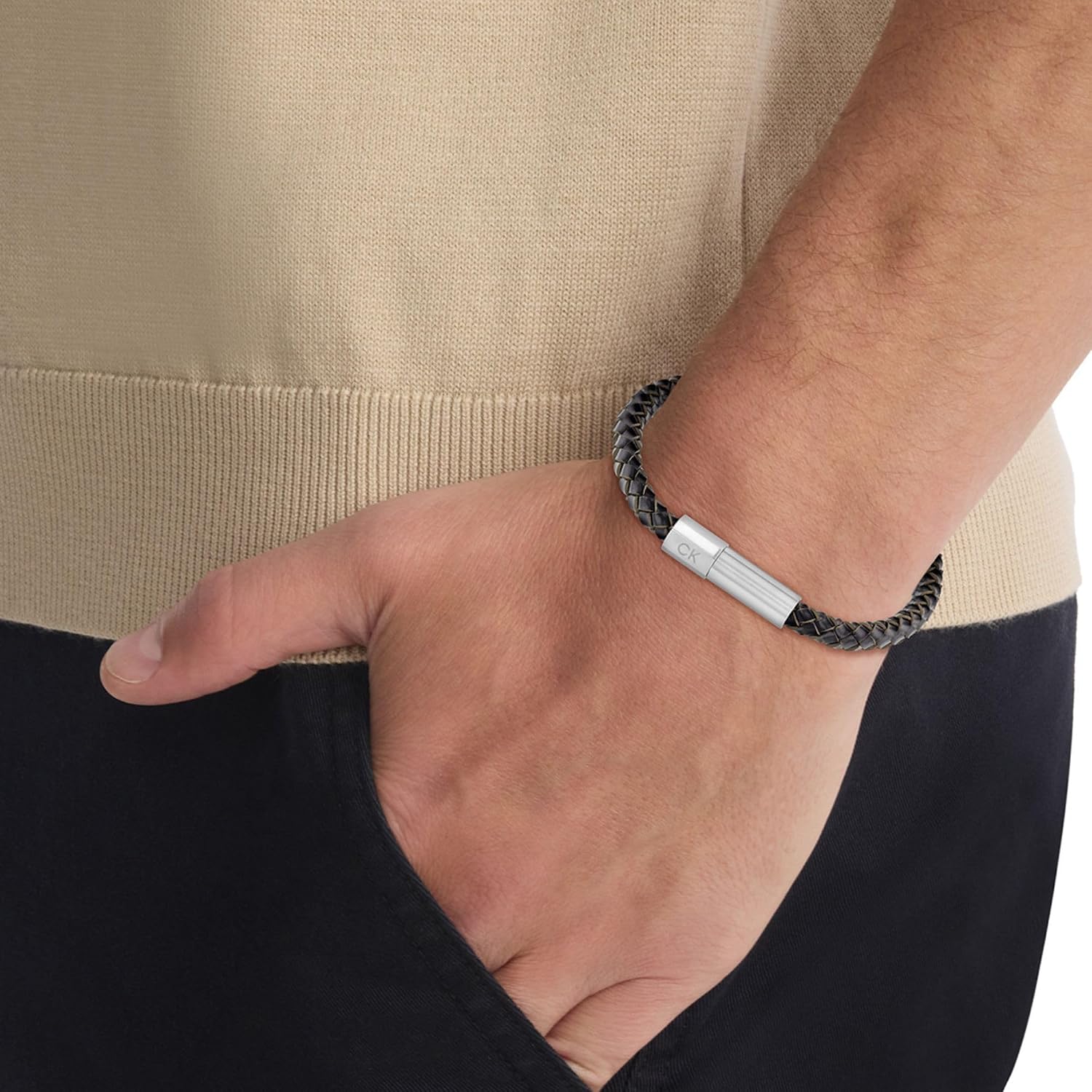 Calvin Klein Industrial Facets Jewelry Collection for Men - Leather Braided Bracelet with Adjustable Magnetic Closure - Premium Fashion Jewelry Accessory - Gift for Him
